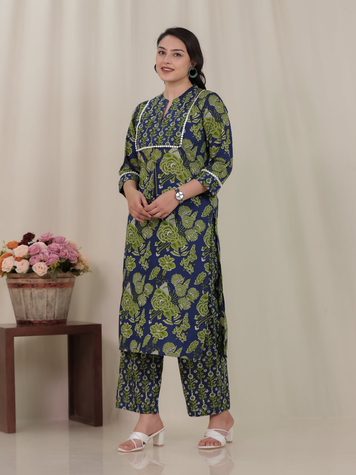 Soft Cotton Floral Straight Blue Kurta