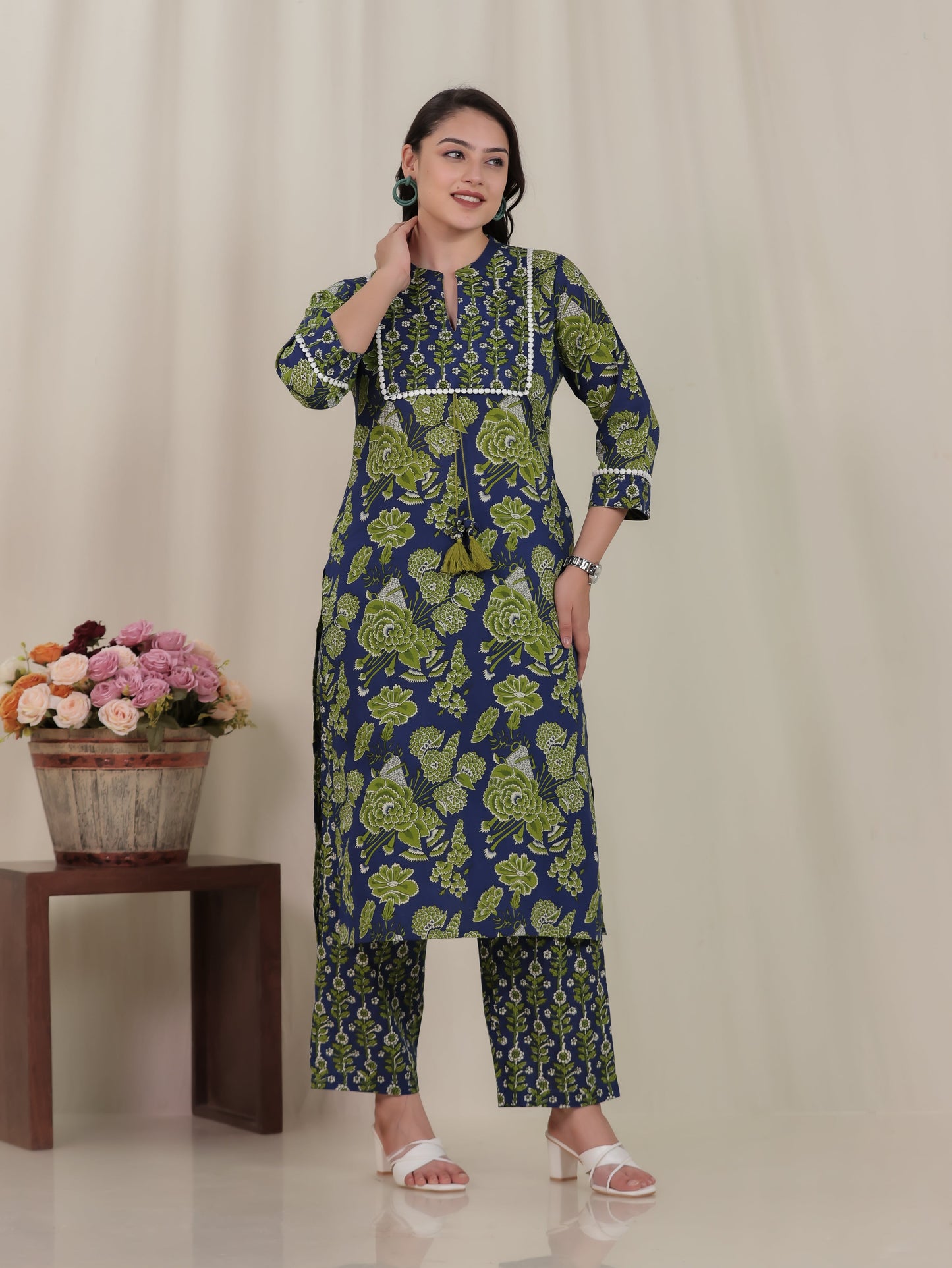 Soft Cotton Floral Straight Blue Kurta