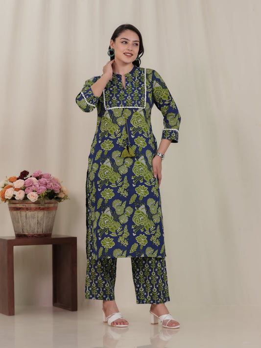 Soft Cotton Floral Straight Blue Kurta