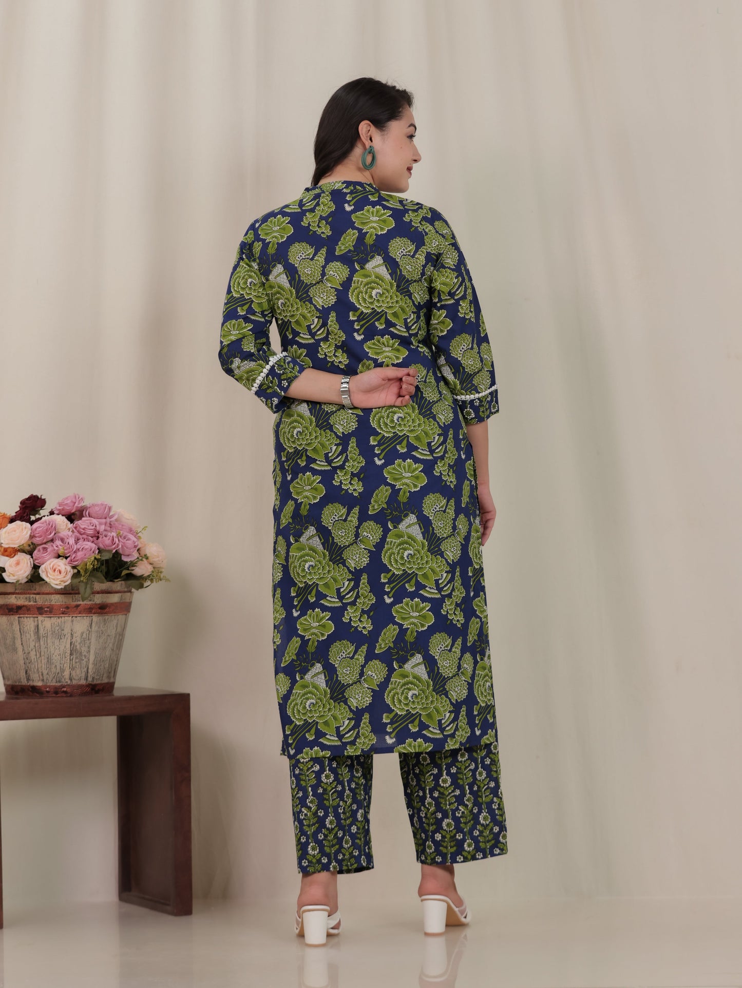 Soft Cotton Floral Straight Blue Kurta