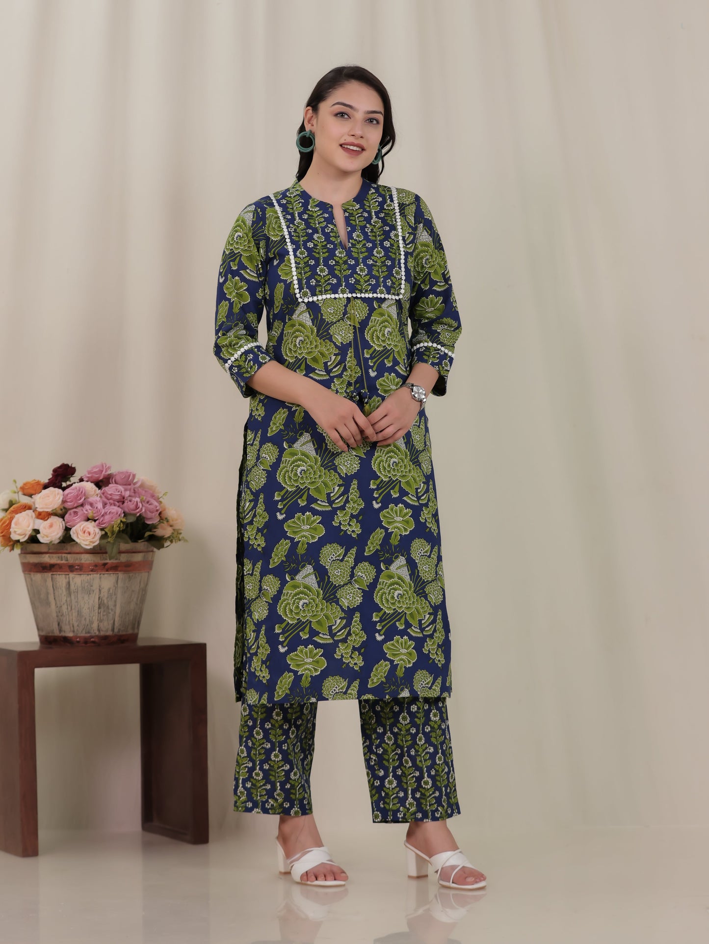 Soft Cotton Floral Straight Blue Kurta