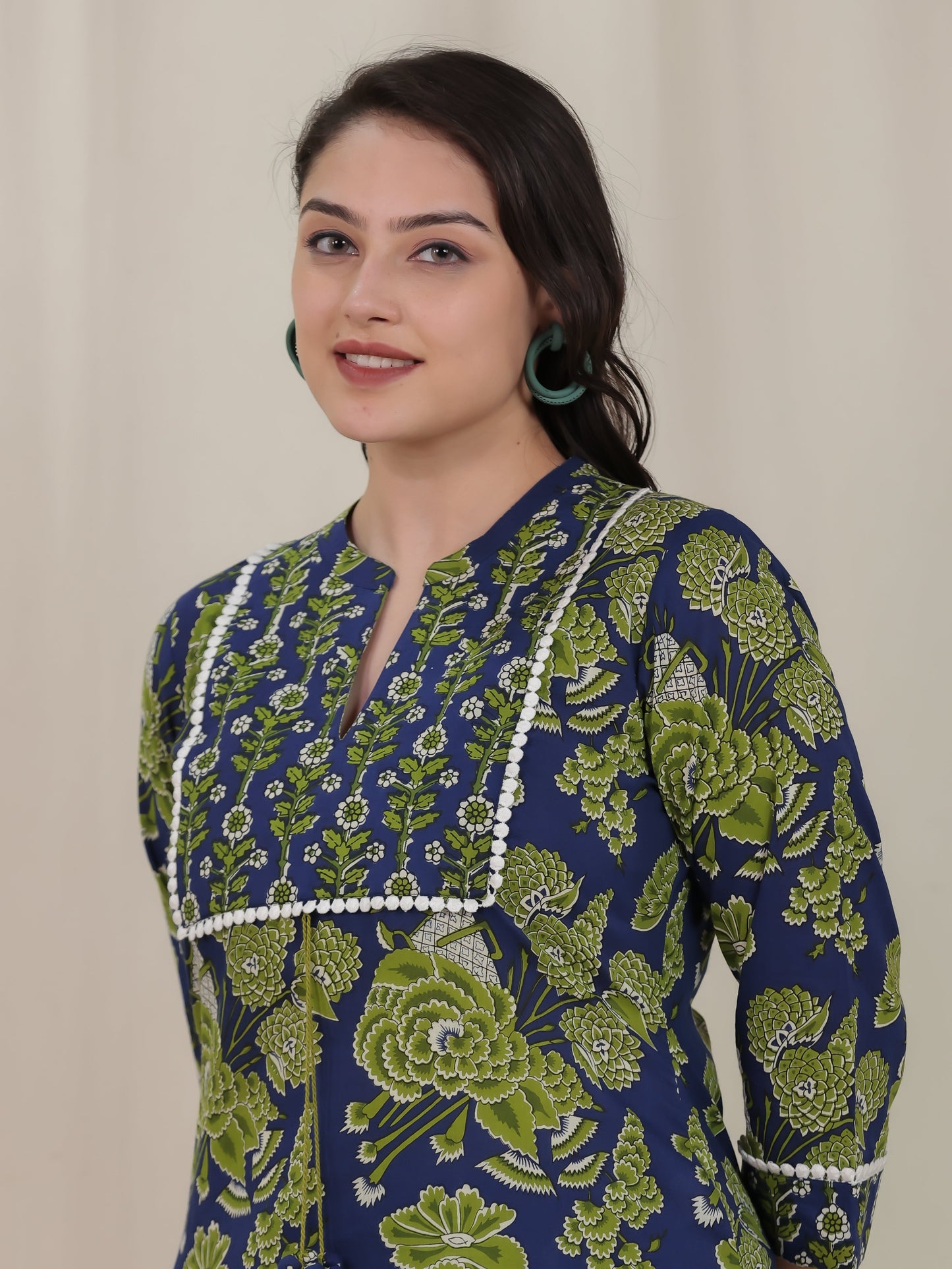 Soft Cotton Floral Straight Blue Kurta