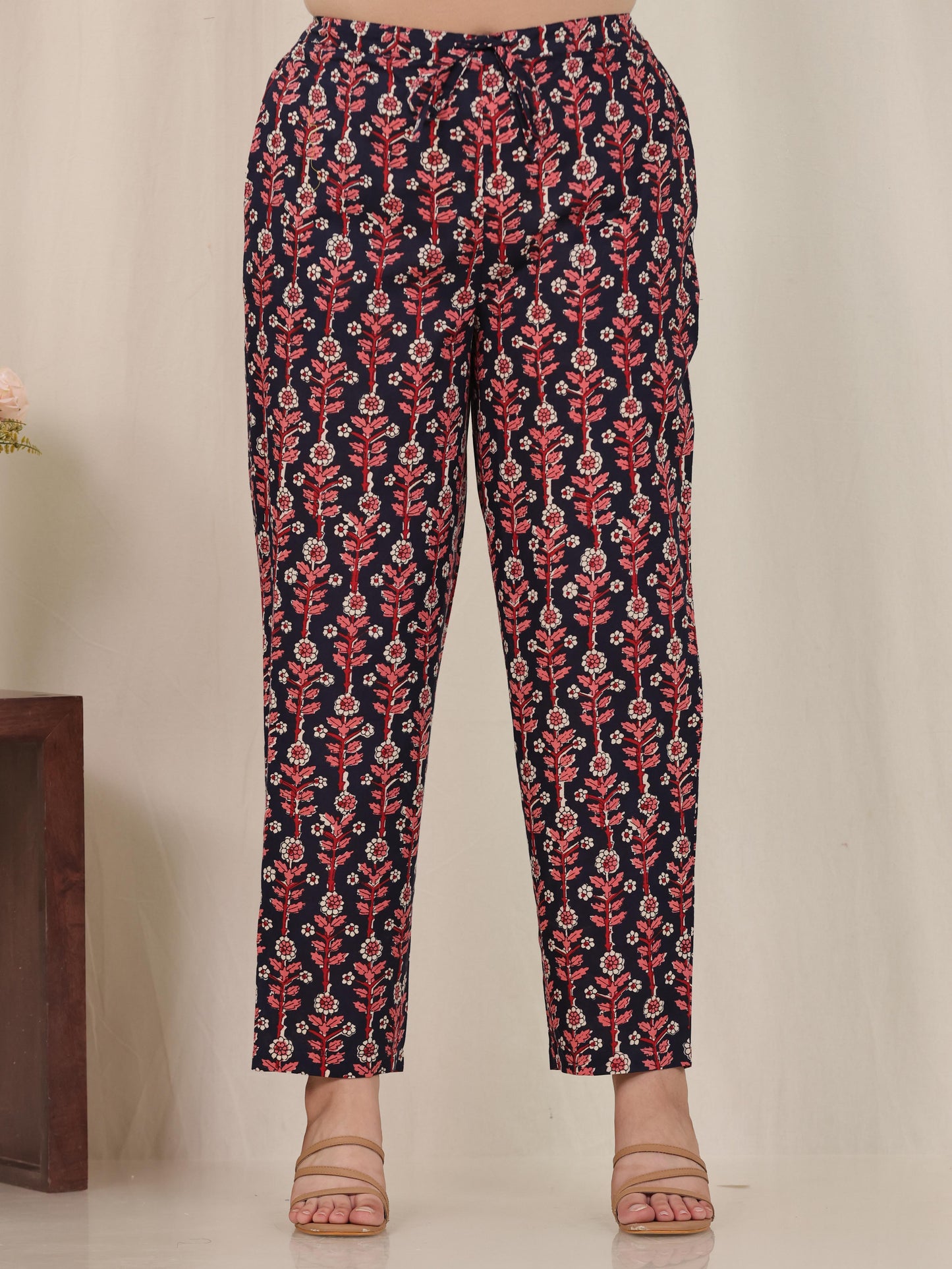 Soft Cotton Floral Blue Tapered Tapered Trousers