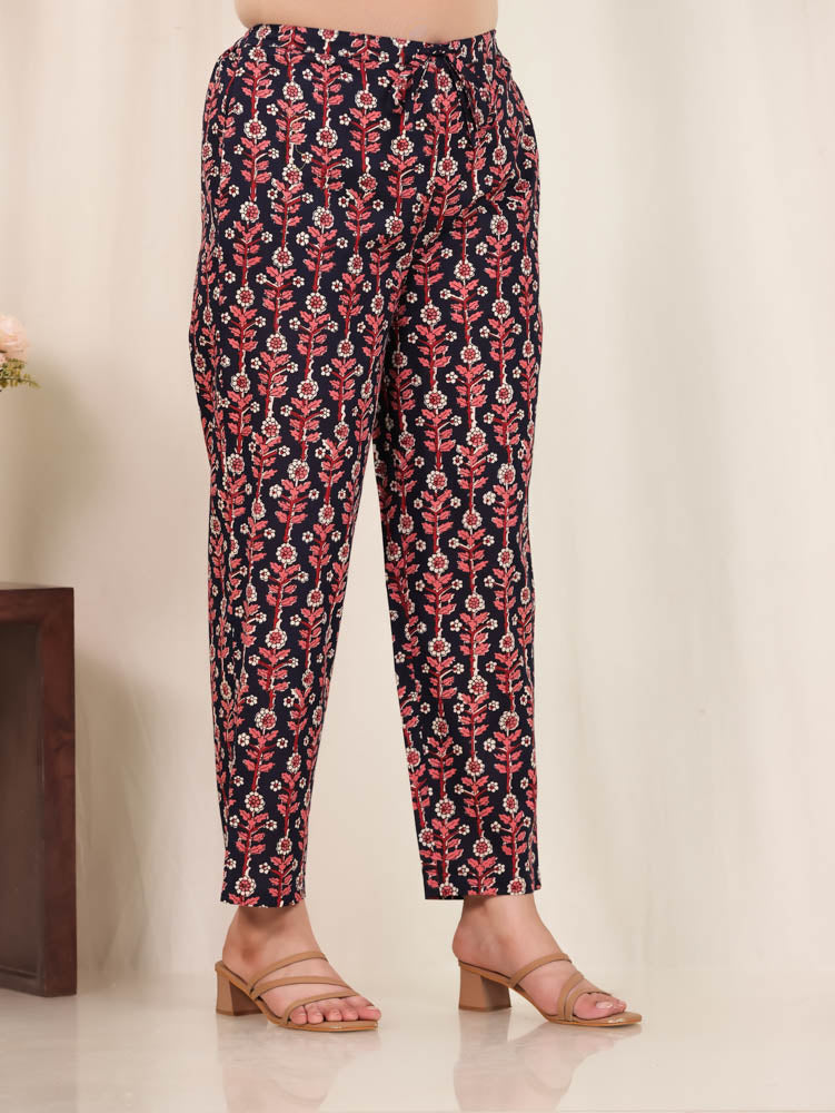 Soft Cotton Floral Blue Tapered Tapered Trousers
