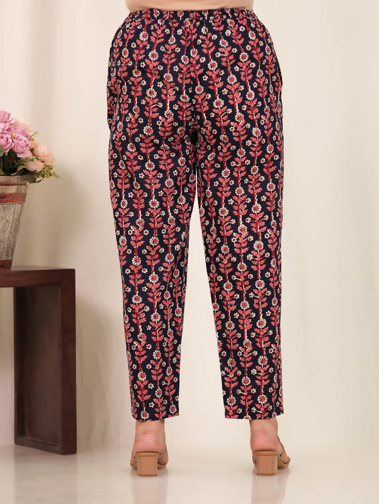 Soft Cotton Floral Blue Tapered Tapered Trousers