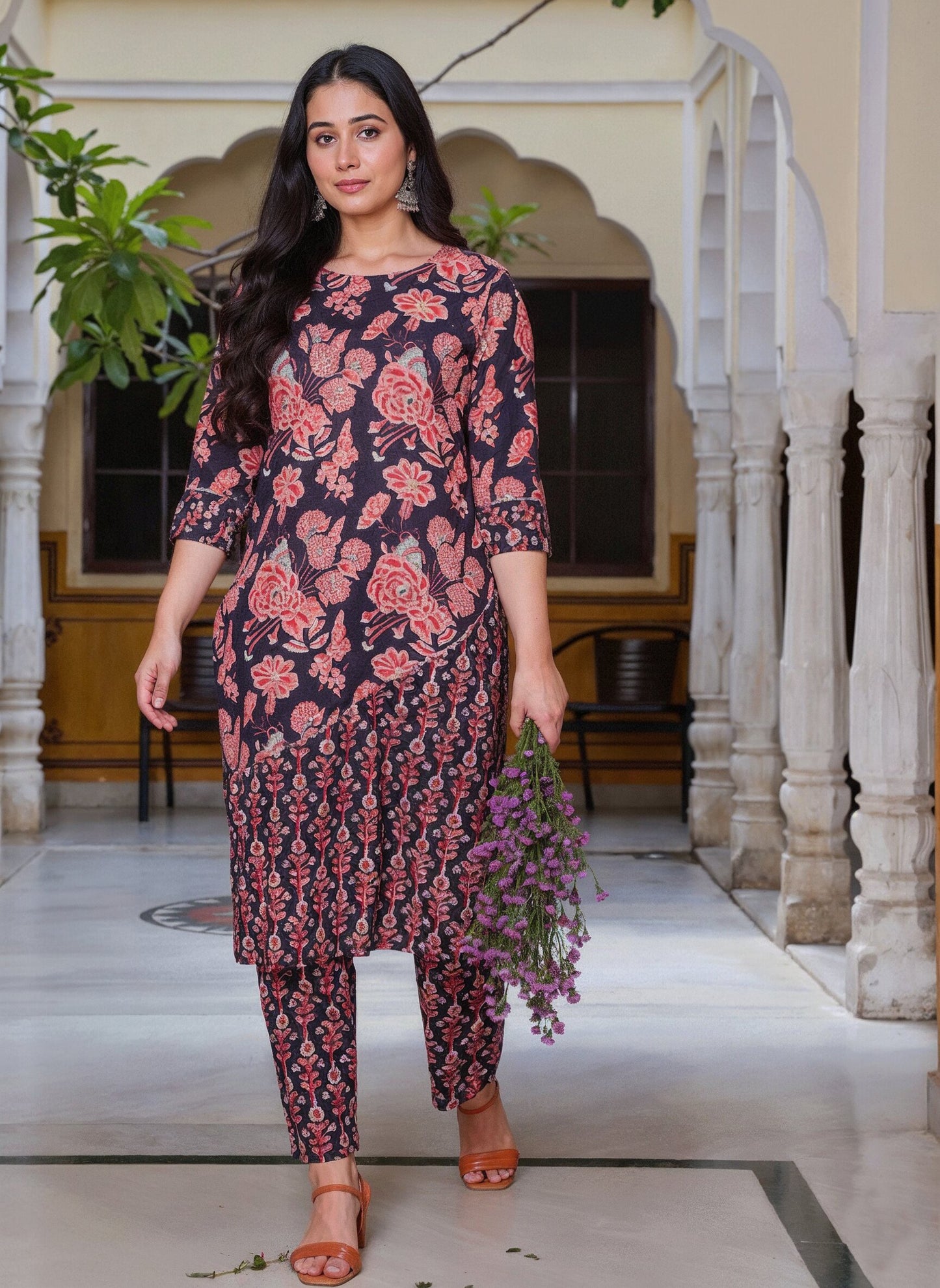 Soft Cotton Floral Straight Blue Kurta