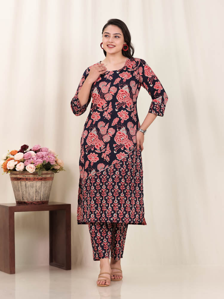 Soft Cotton Floral Straight Blue Kurta