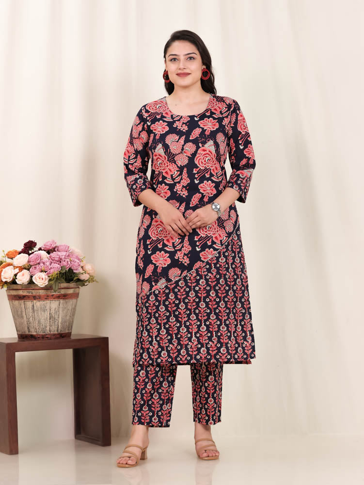 Soft Cotton Floral Straight Blue Kurta