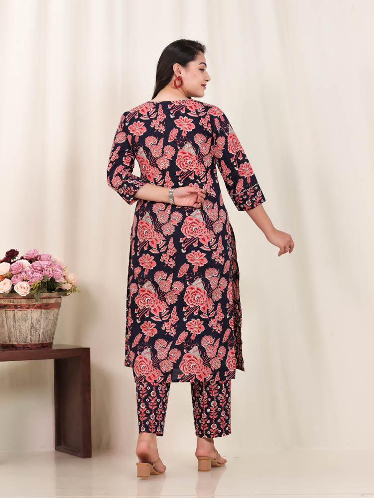 Soft Cotton Floral Straight Blue Kurta