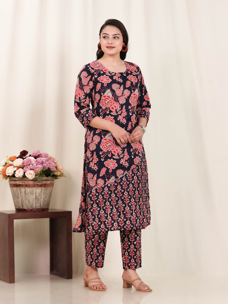 Soft Cotton Floral Straight Blue Kurta