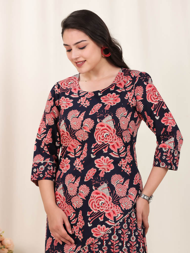 Soft Cotton Floral Straight Blue Kurta