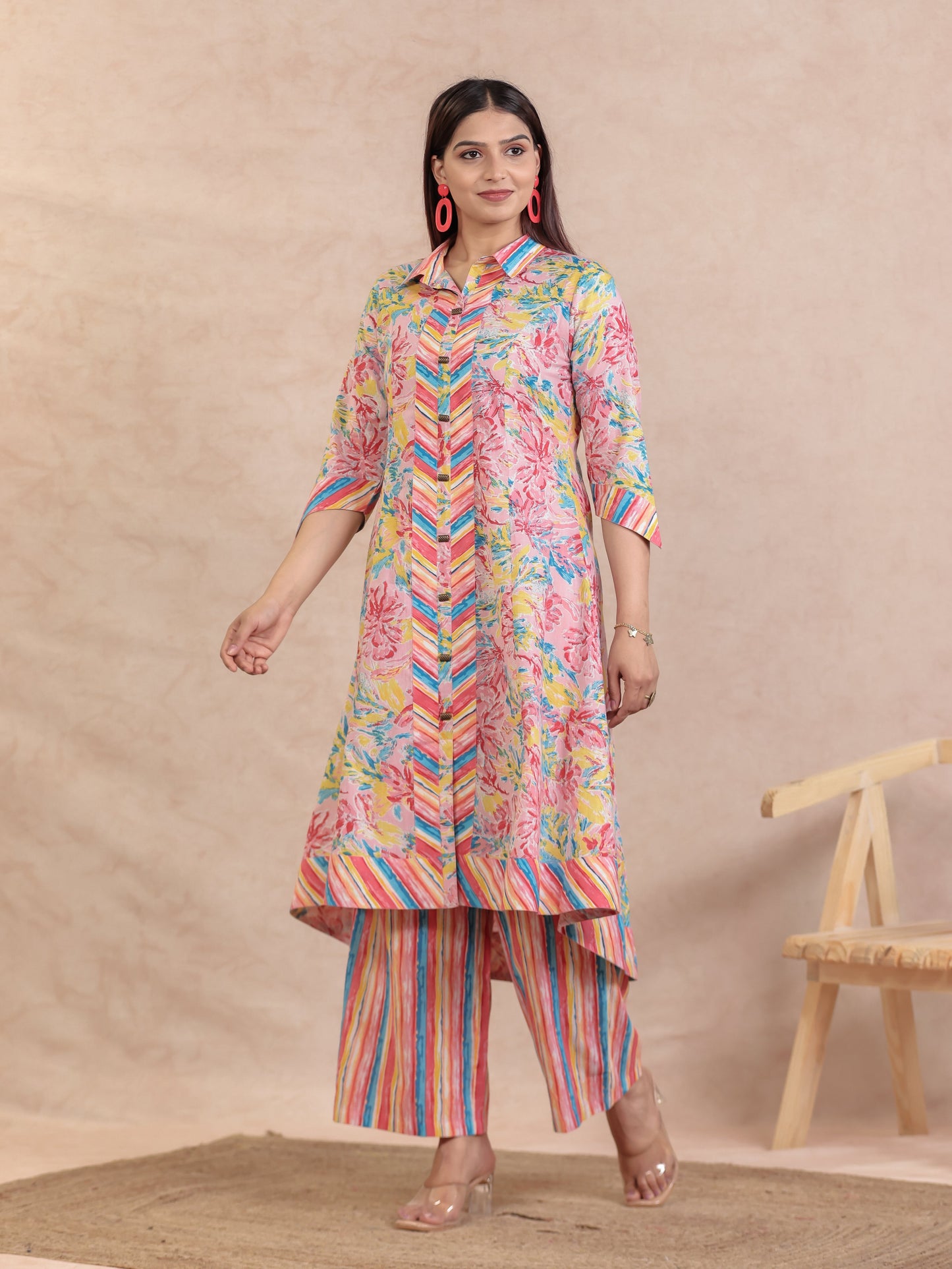 Soft Cotton Floral High Low Pink Kurta