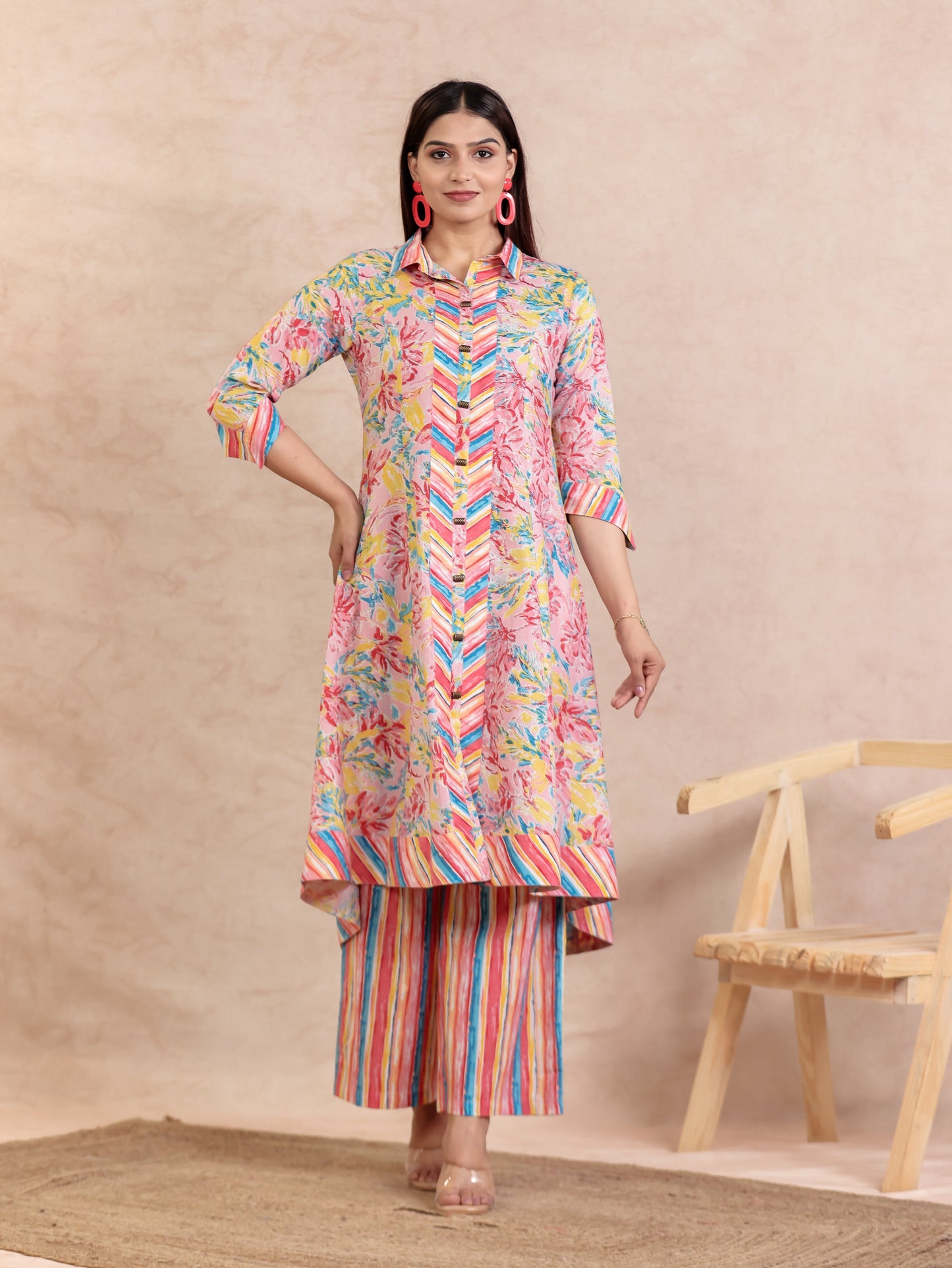Soft Cotton Floral High Low Pink Kurta