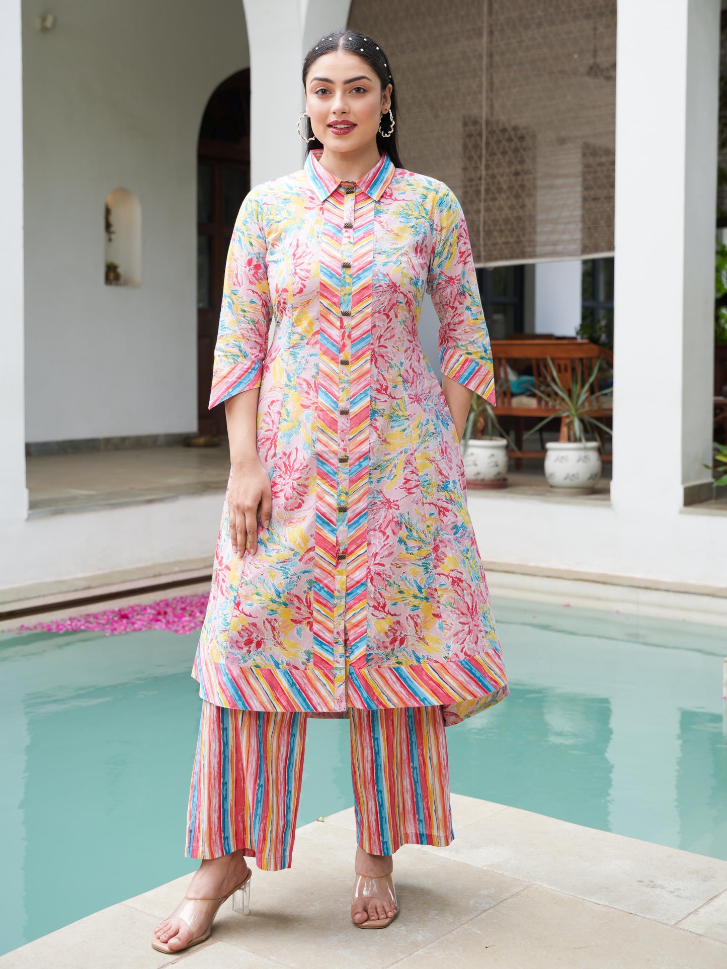 Soft Cotton Floral High Low Pink Kurta