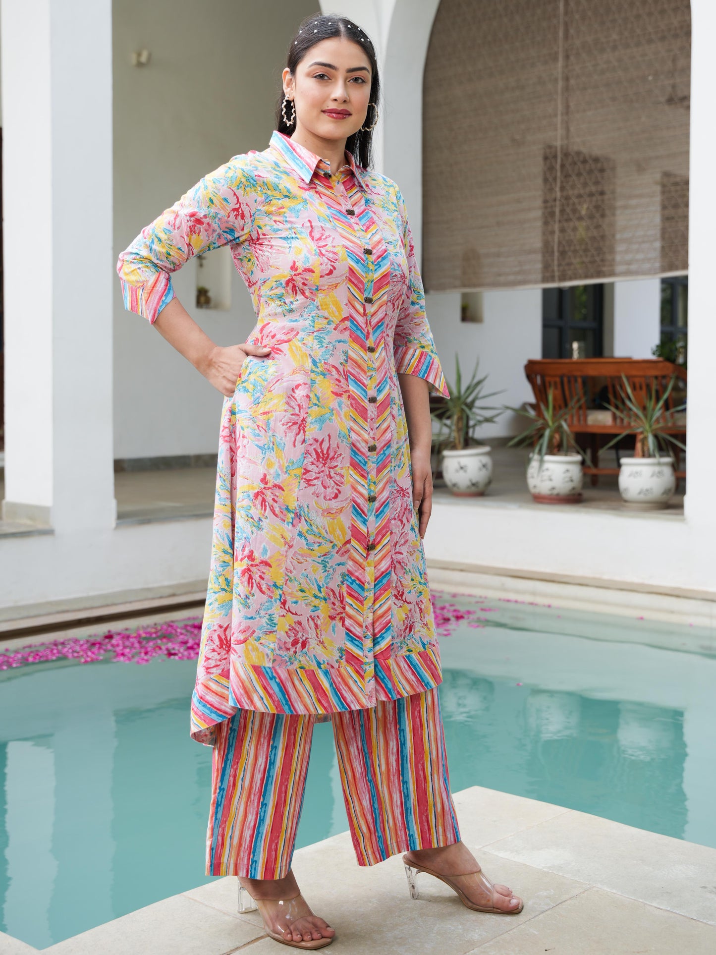 Soft Cotton Floral High Low Pink Kurta