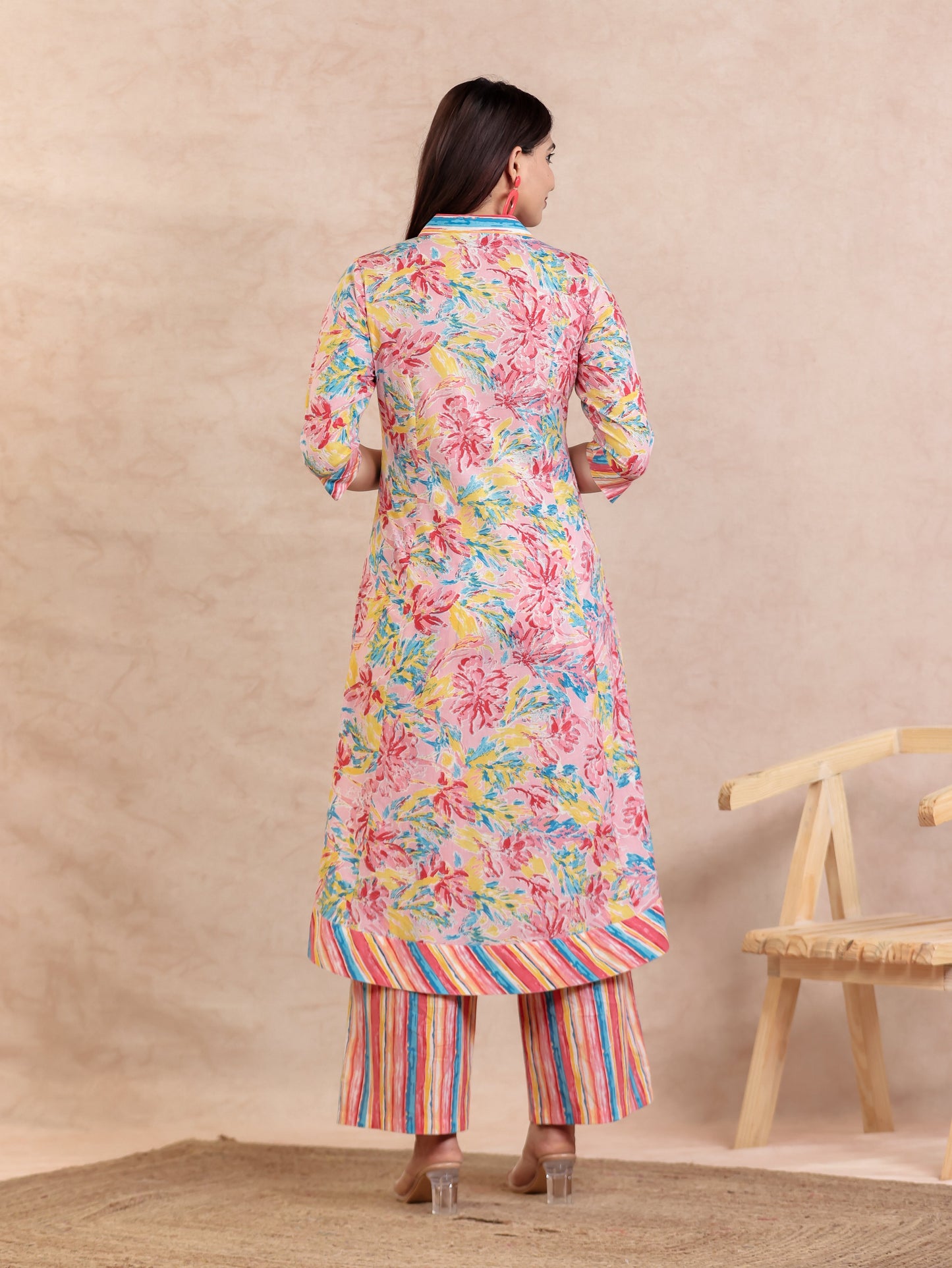 Soft Cotton Floral High Low Pink Kurta