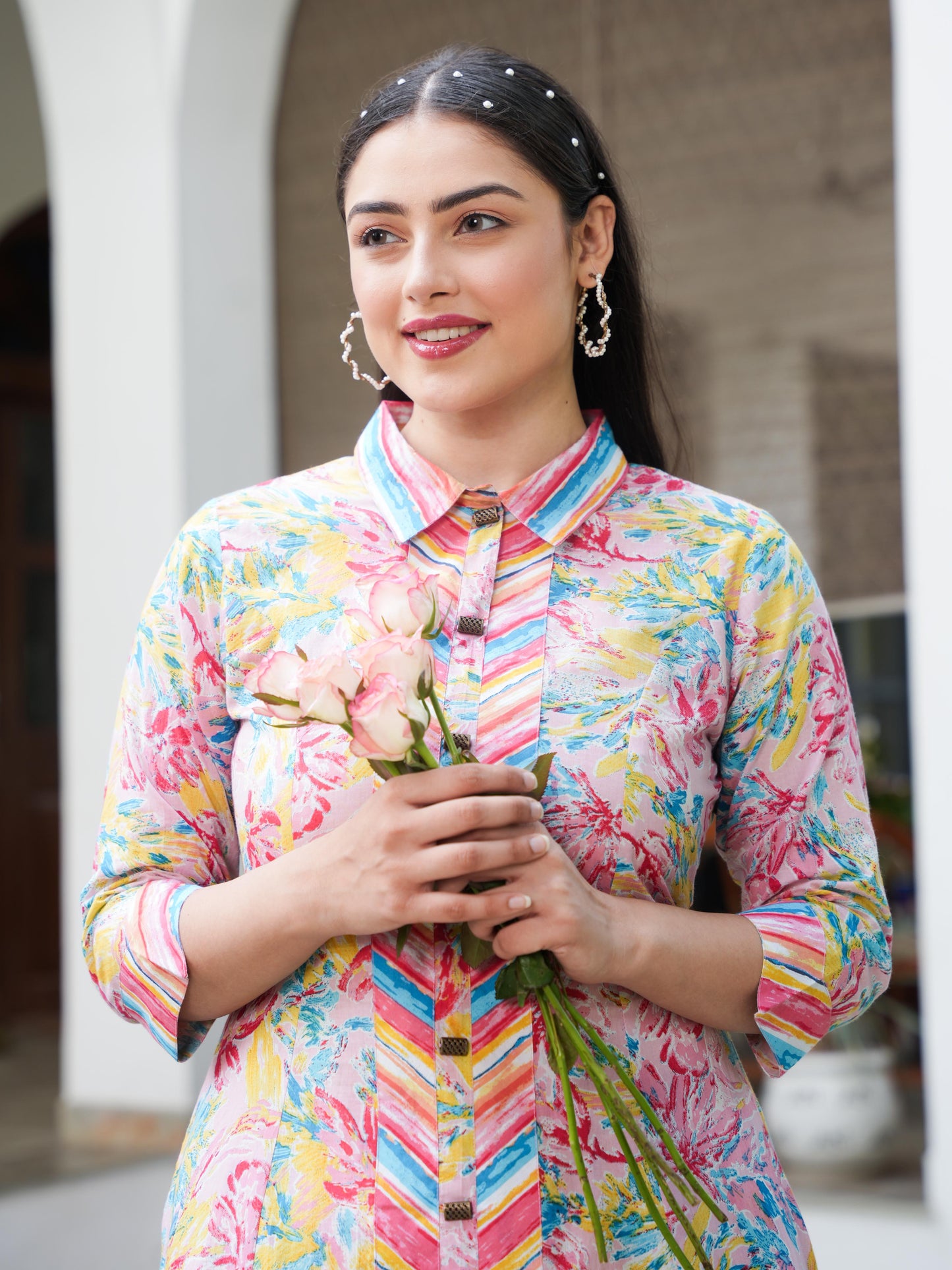 Soft Cotton Floral High Low Pink Kurta