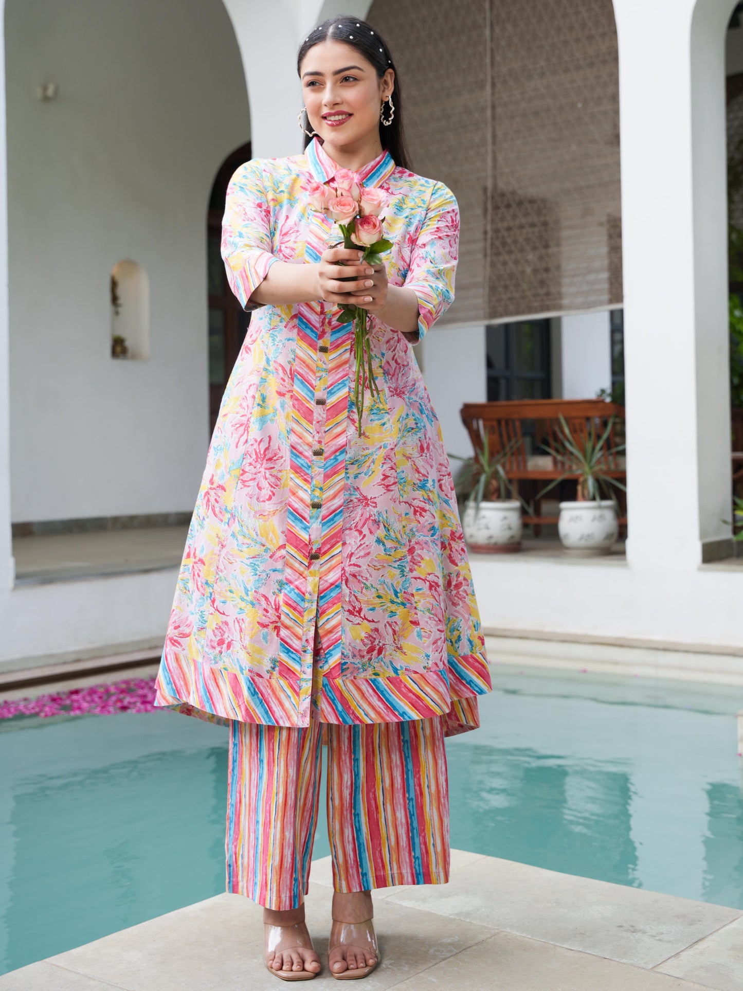 Soft Cotton Floral High Low Pink Kurta