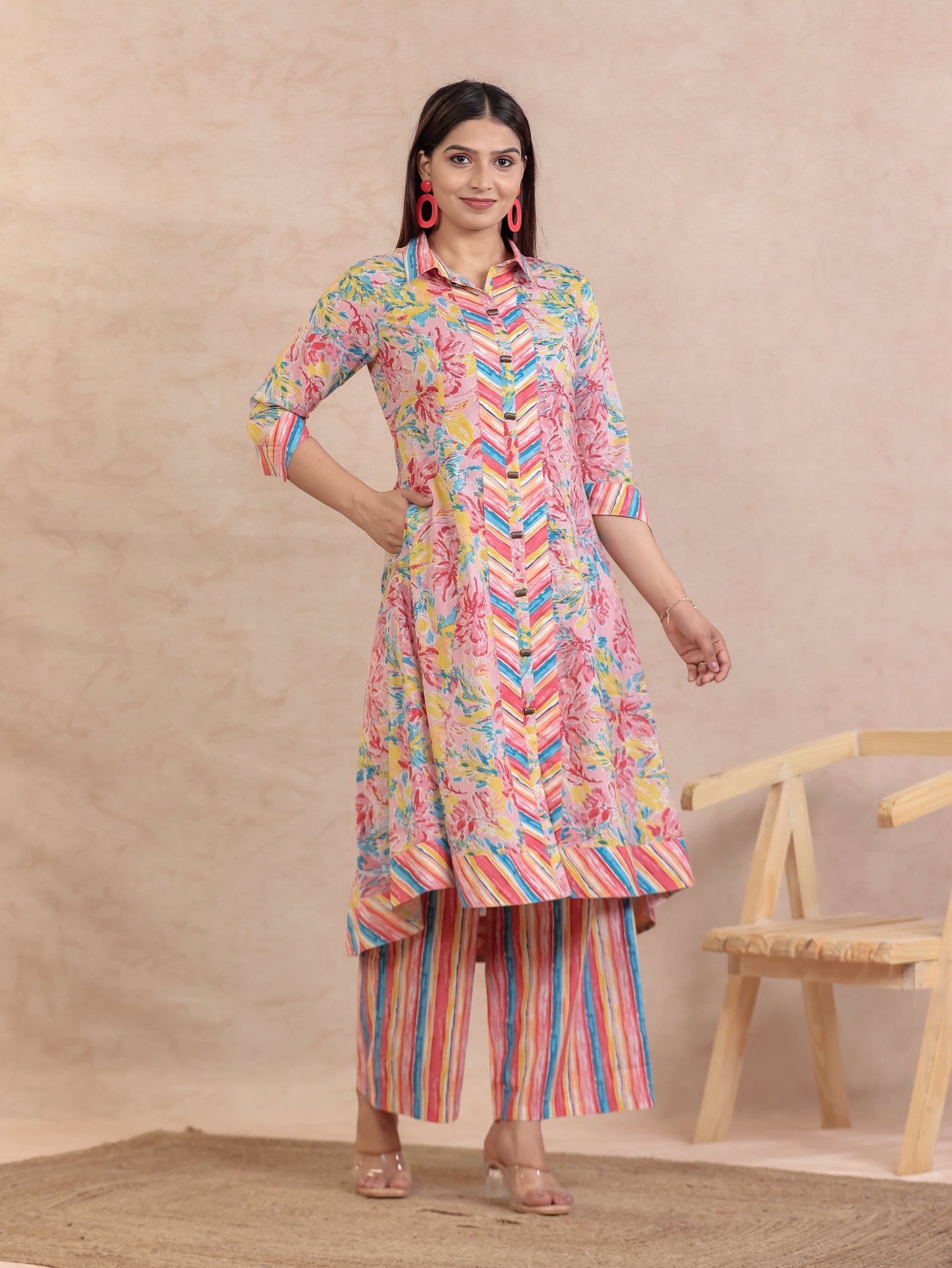 Soft Cotton Floral High Low Pink Kurta