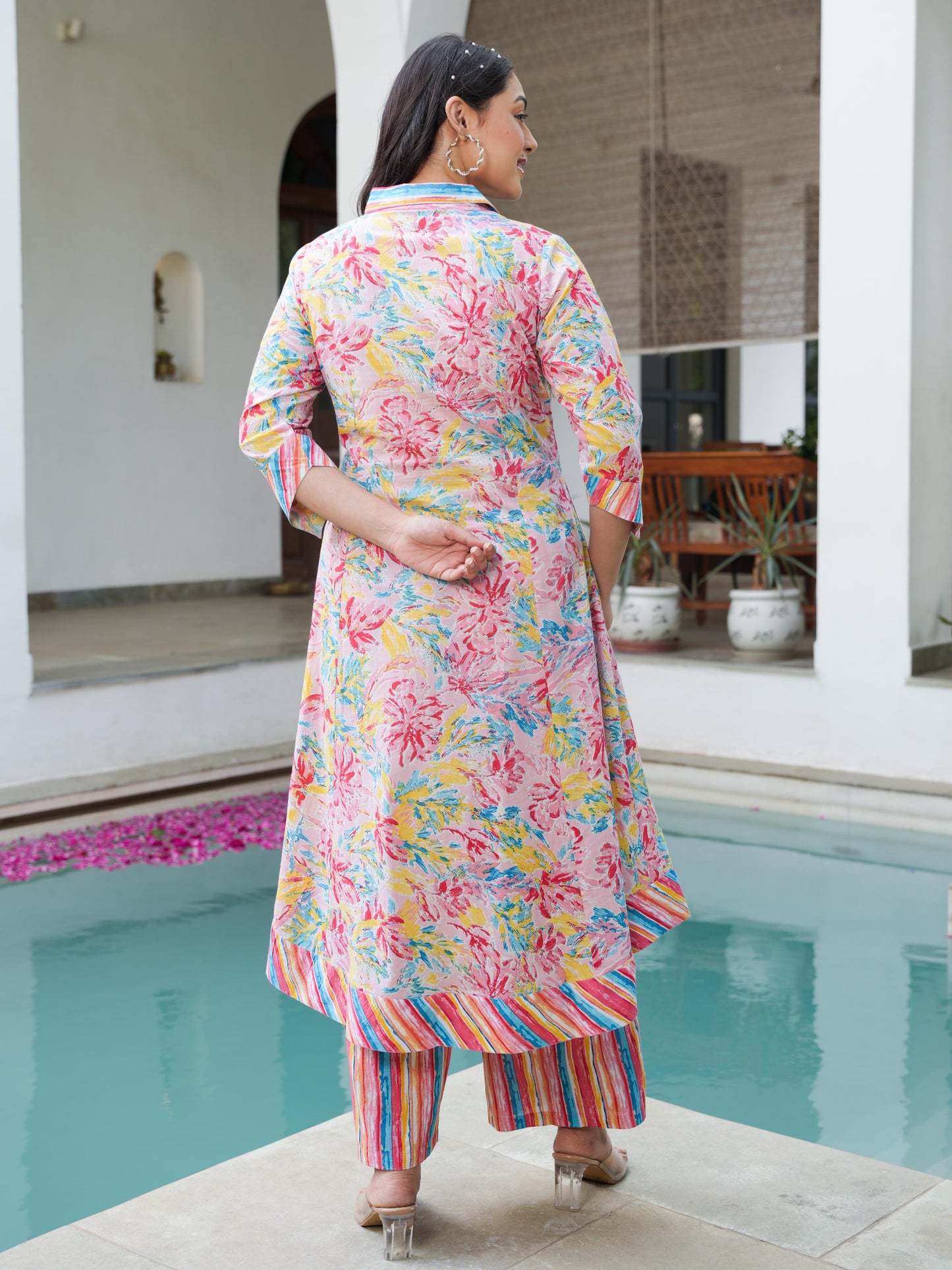 Soft Cotton Floral High Low Pink Kurta