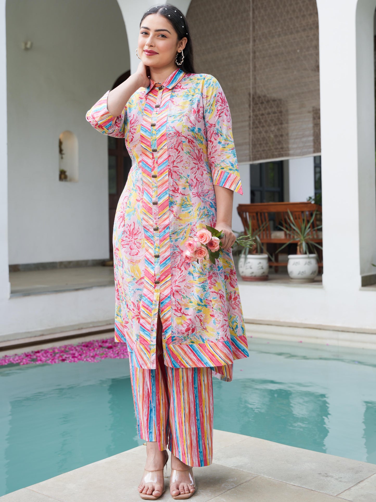 Soft Cotton Floral High Low Pink Kurta