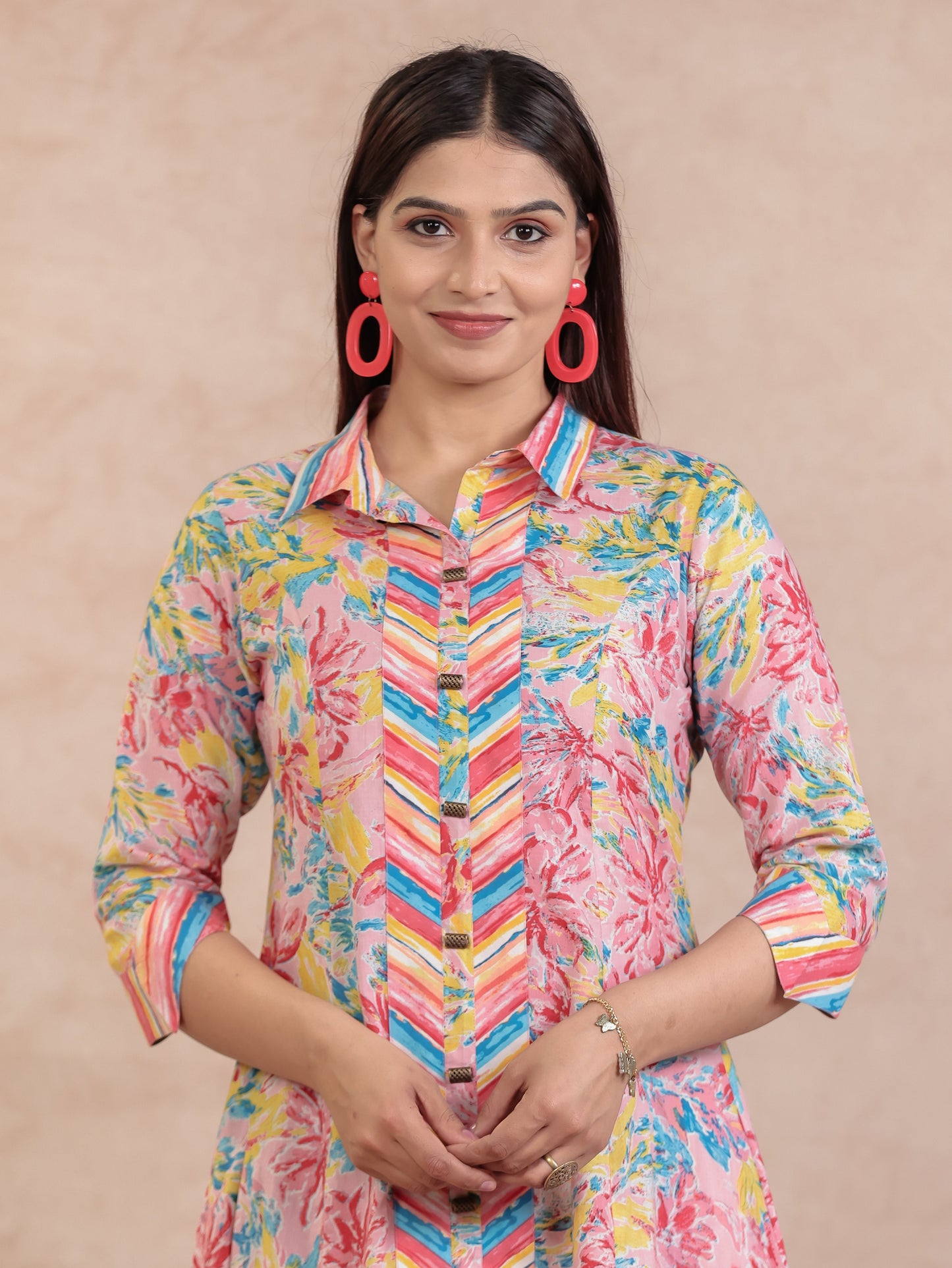 Soft Cotton Floral High Low Pink Kurta