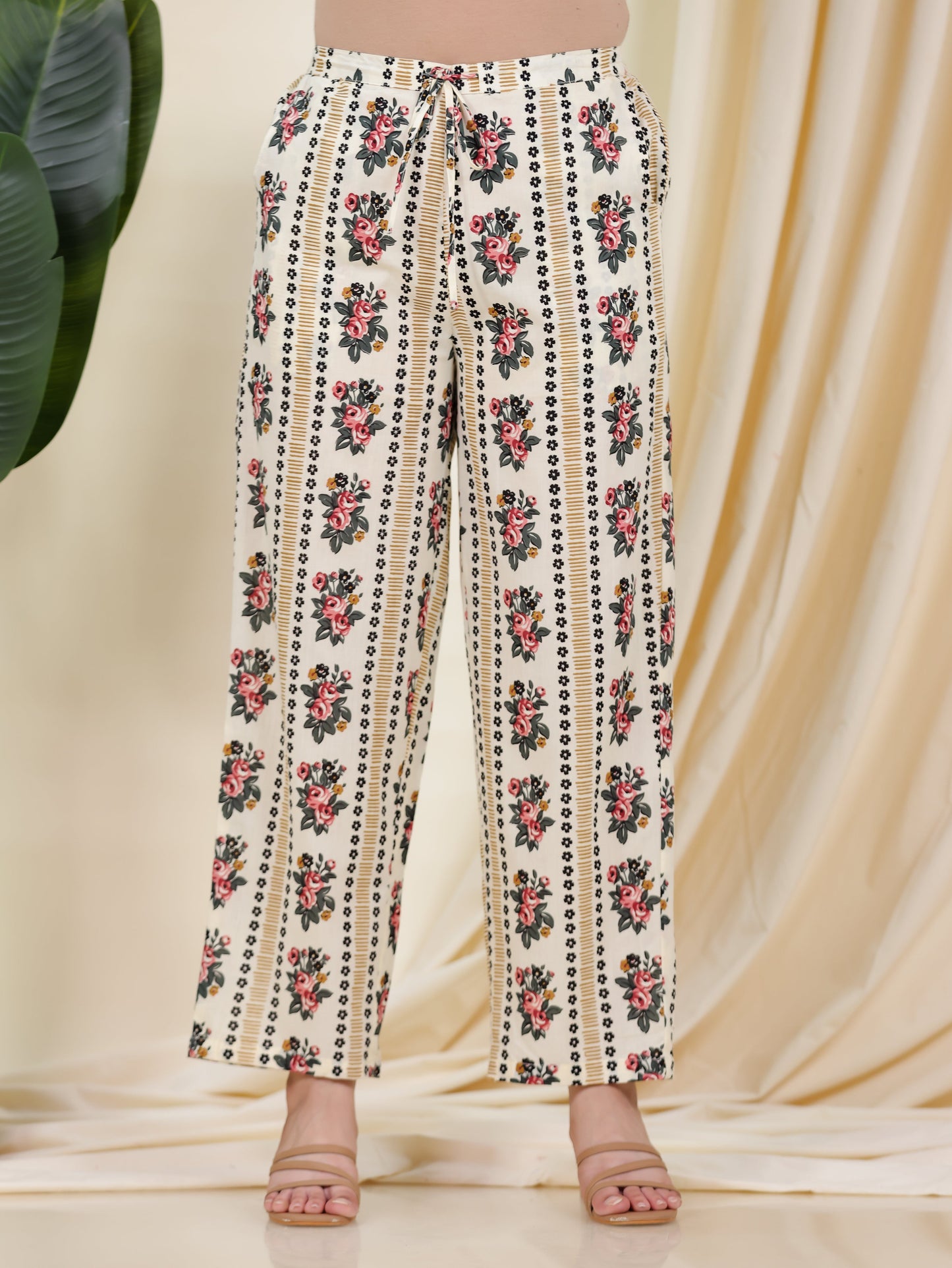 Soft Cotton Floral Beige Straight Trousers