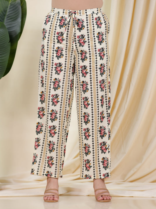 Soft Cotton Floral Beige Straight Trousers