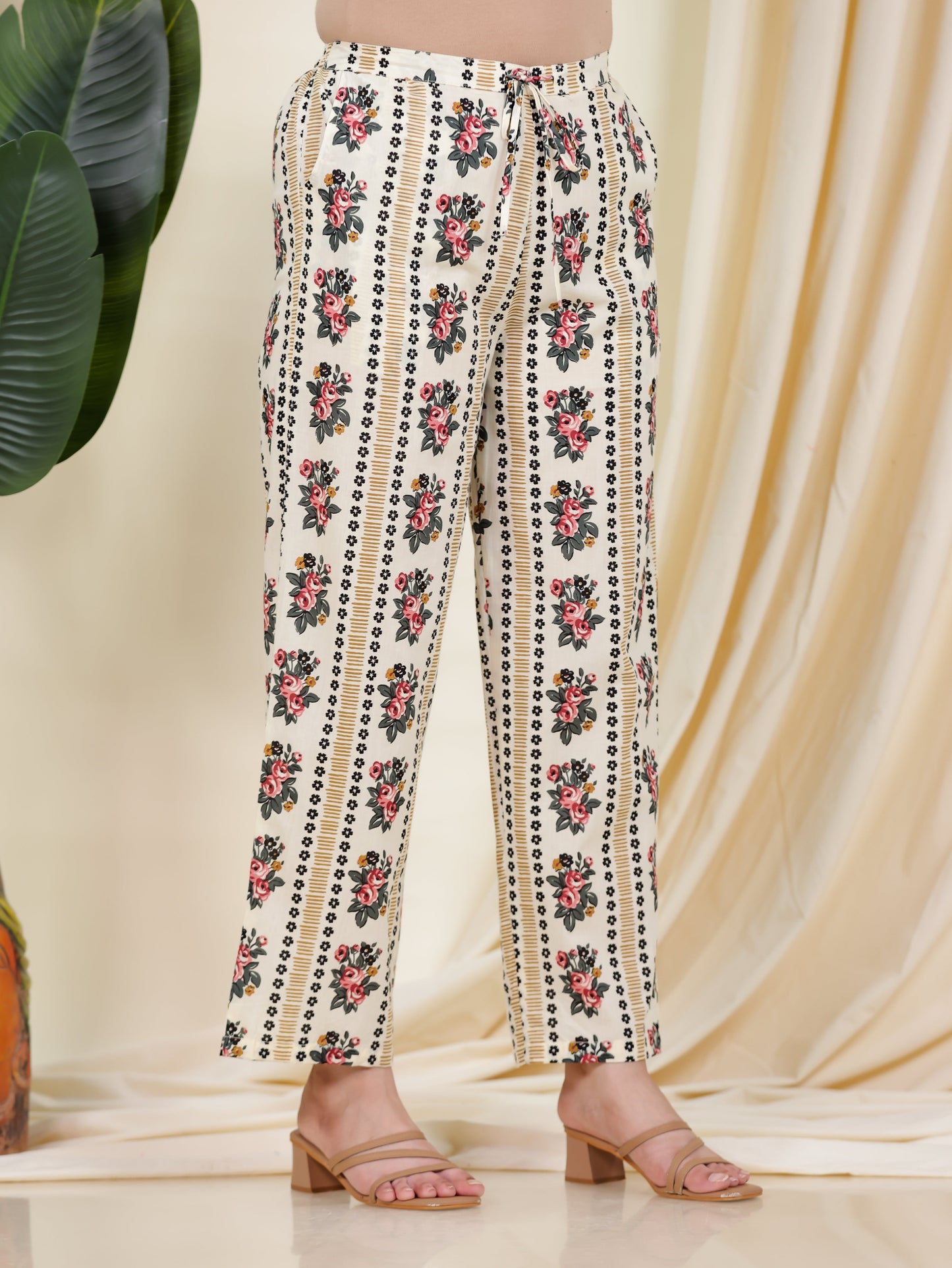 Soft Cotton Floral Beige Straight Trousers