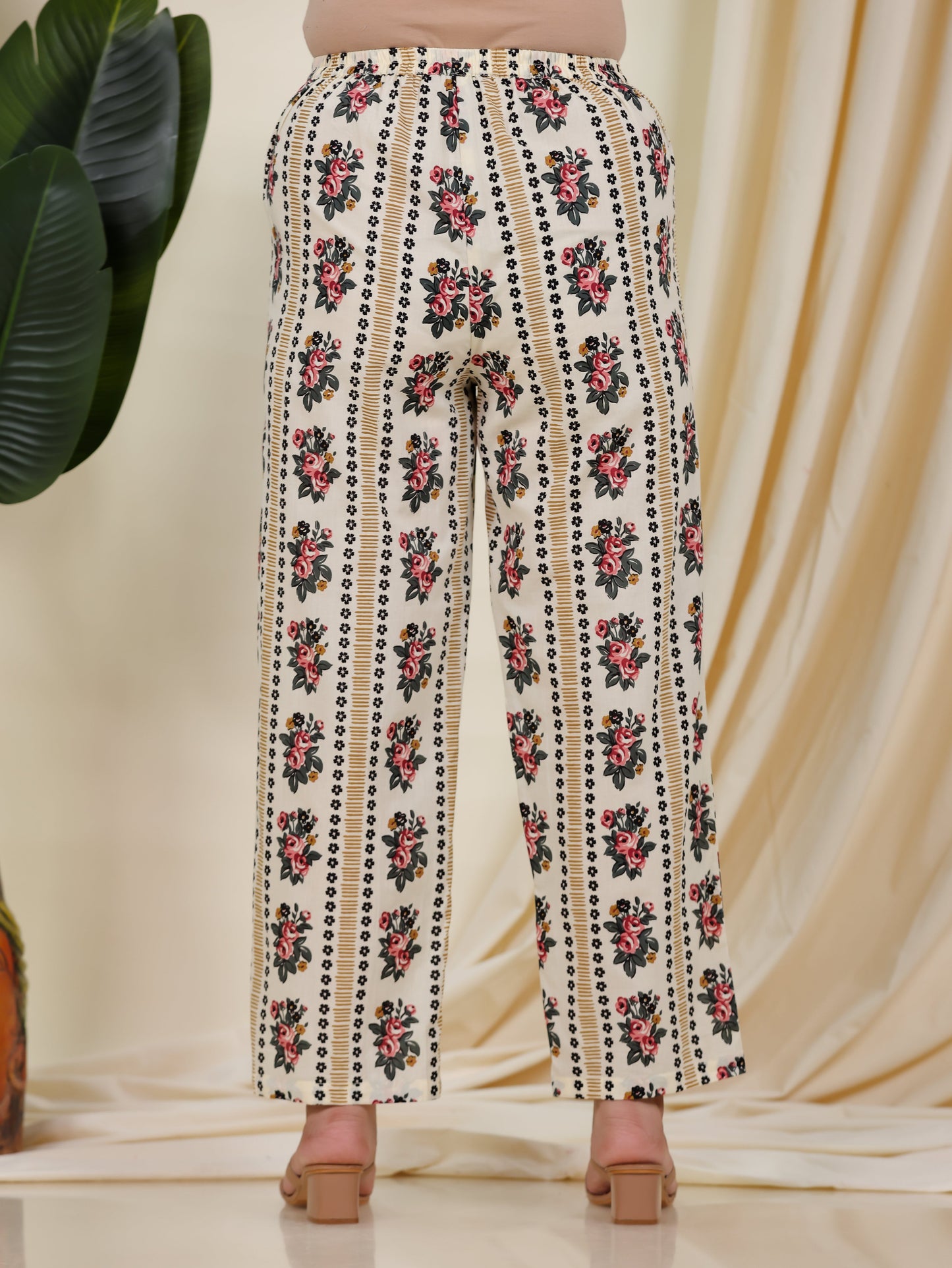 Soft Cotton Floral Beige Straight Trousers