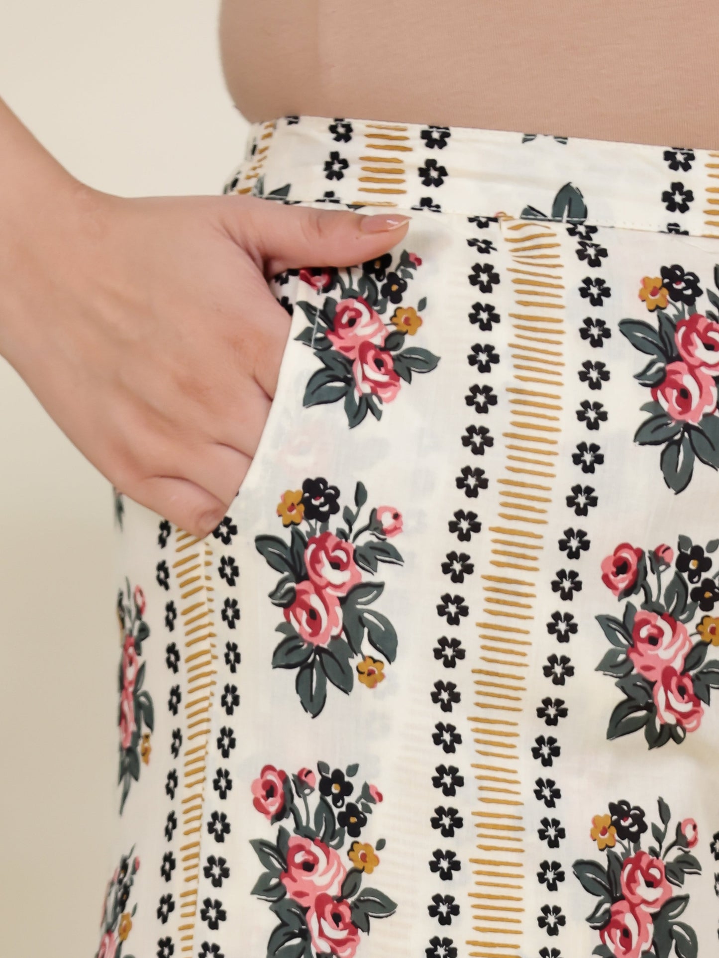 Soft Cotton Floral Beige Straight Trousers