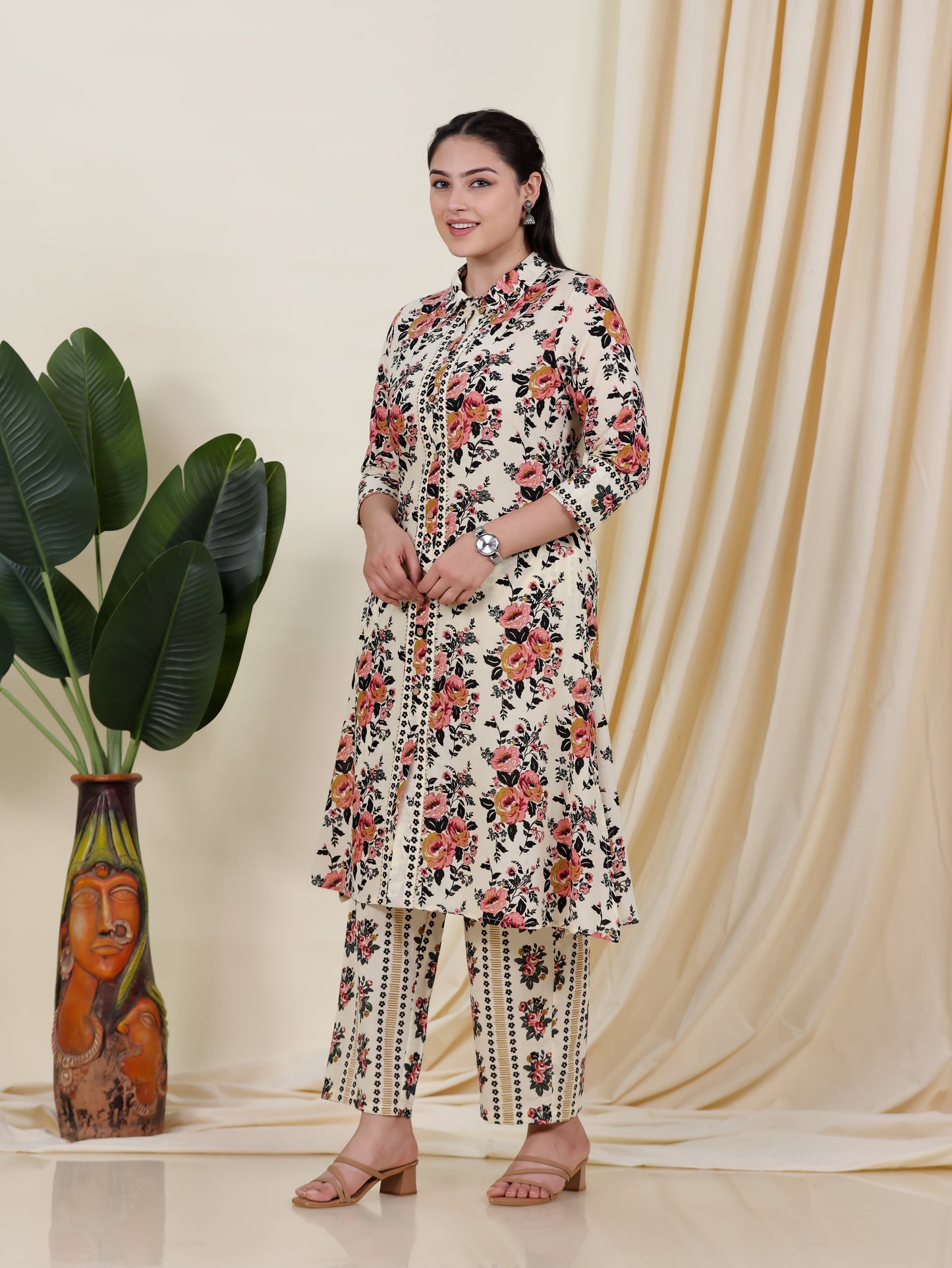 Soft Cotton Floral High Low Beige Kurta