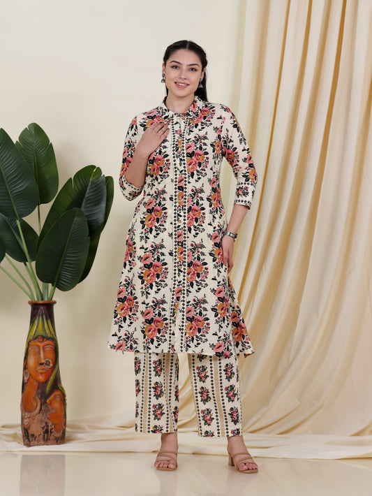Soft Cotton Floral High Low Beige Kurta