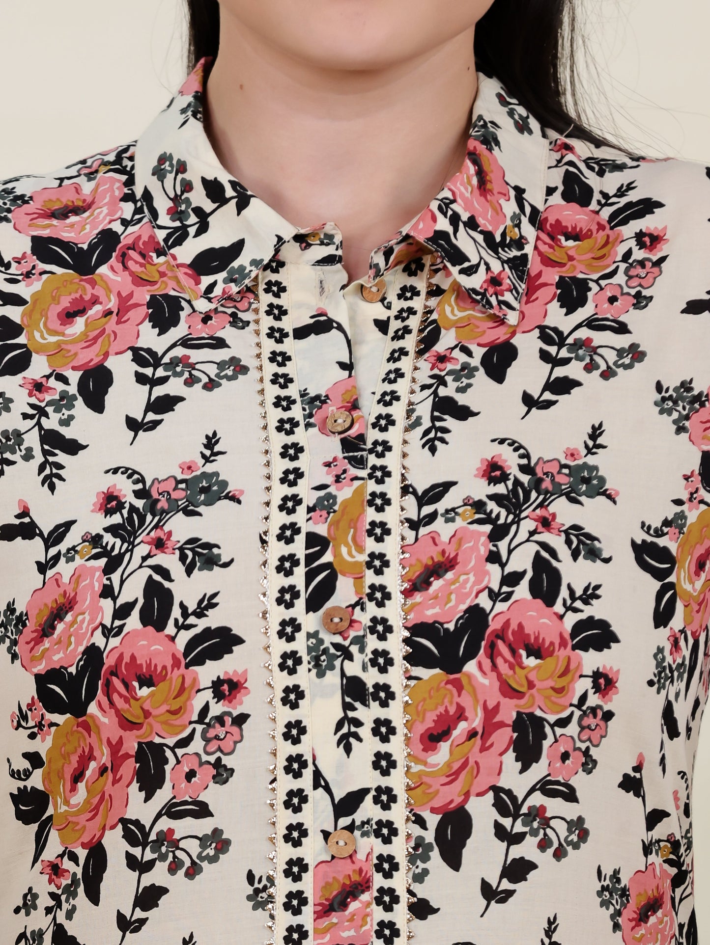 Soft Cotton Floral High Low Beige Kurta