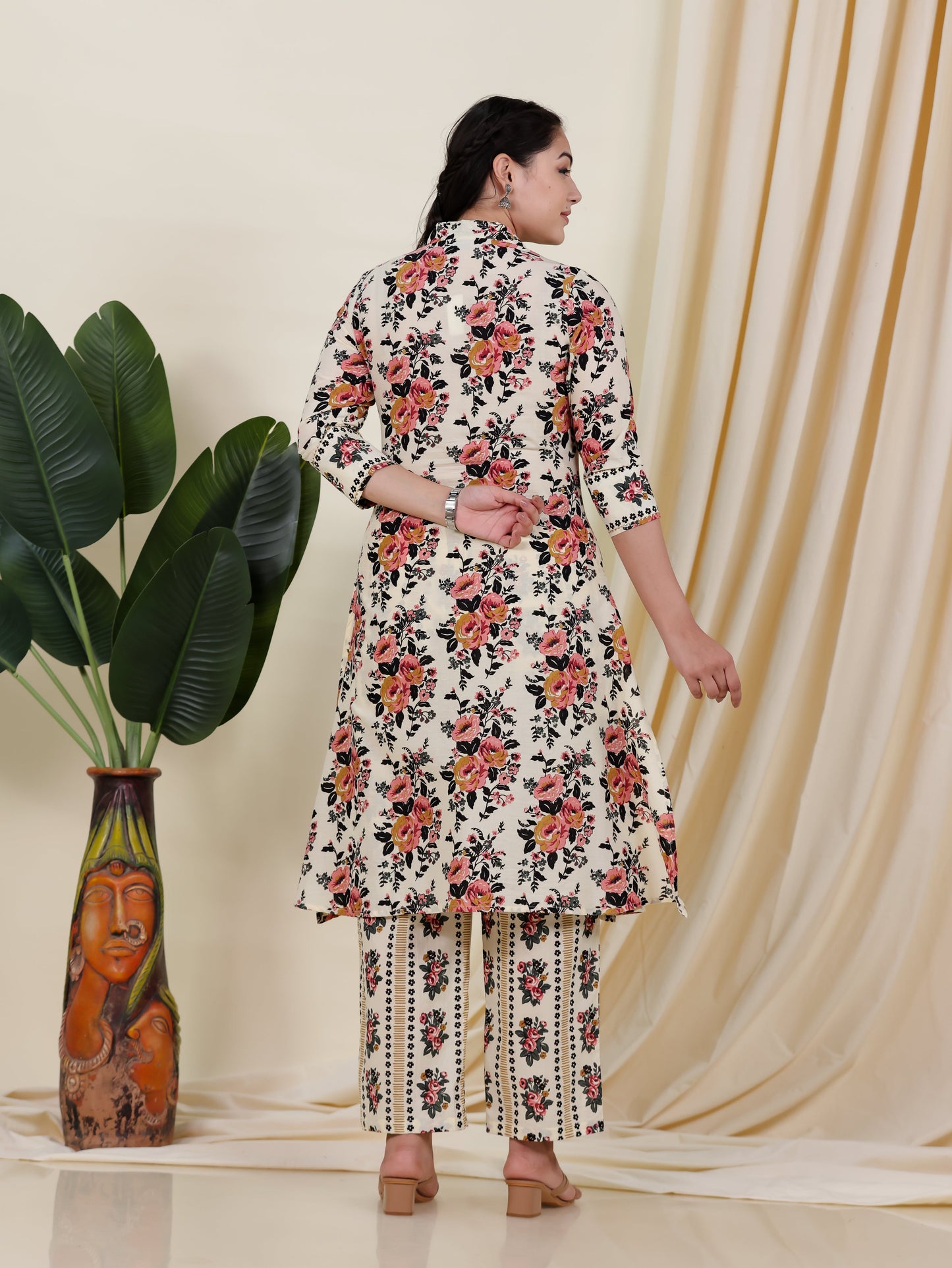 Soft Cotton Floral High Low Beige Kurta