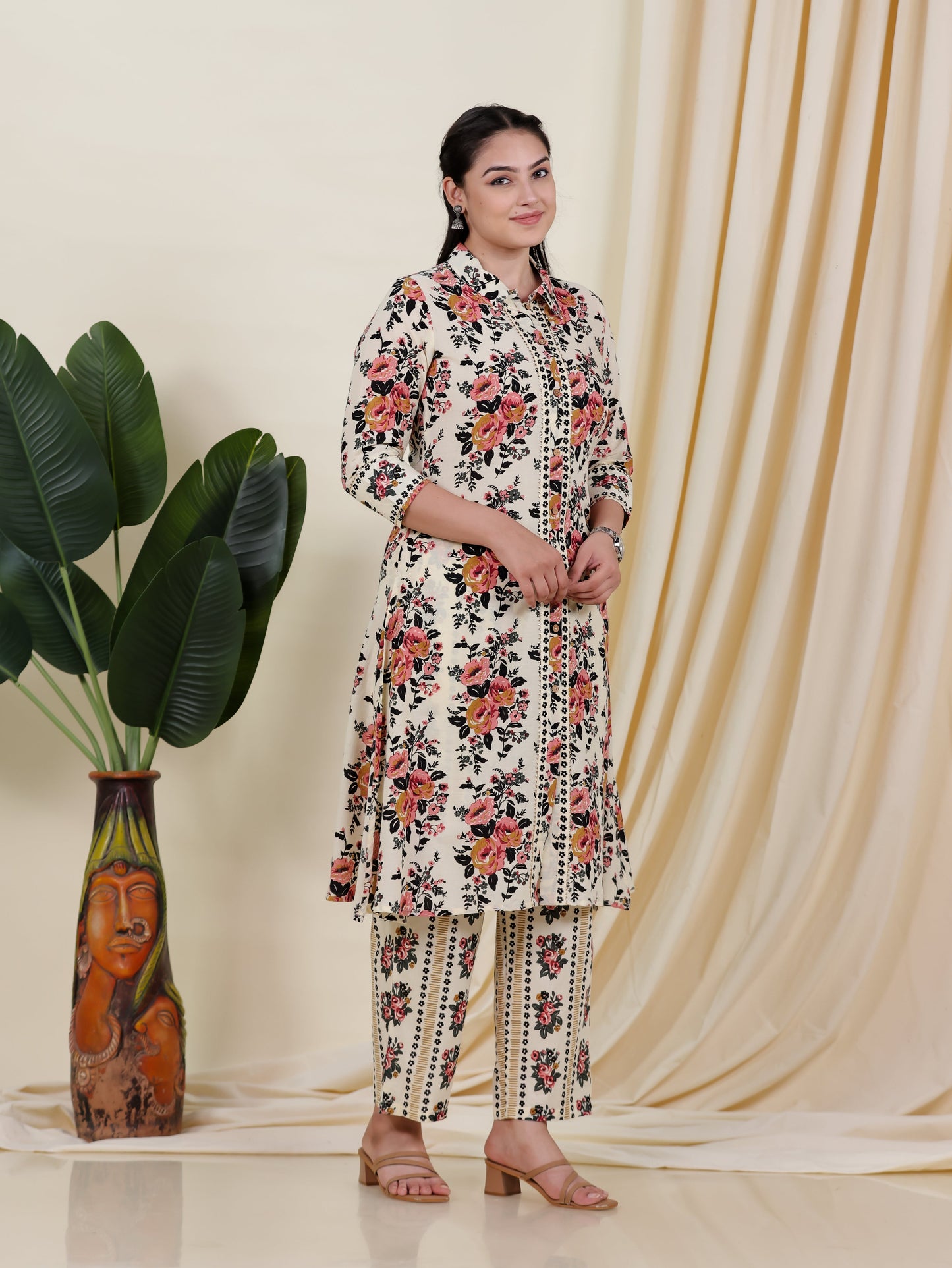 Soft Cotton Floral High Low Beige Kurta