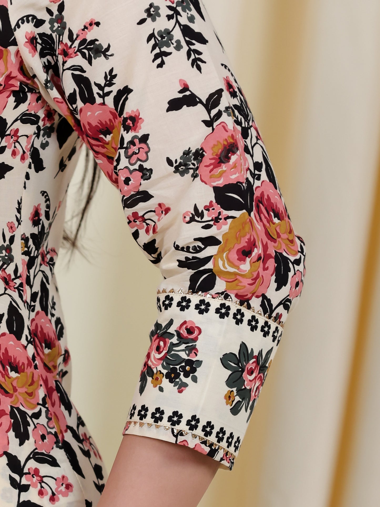 Soft Cotton Floral High Low Beige Kurta