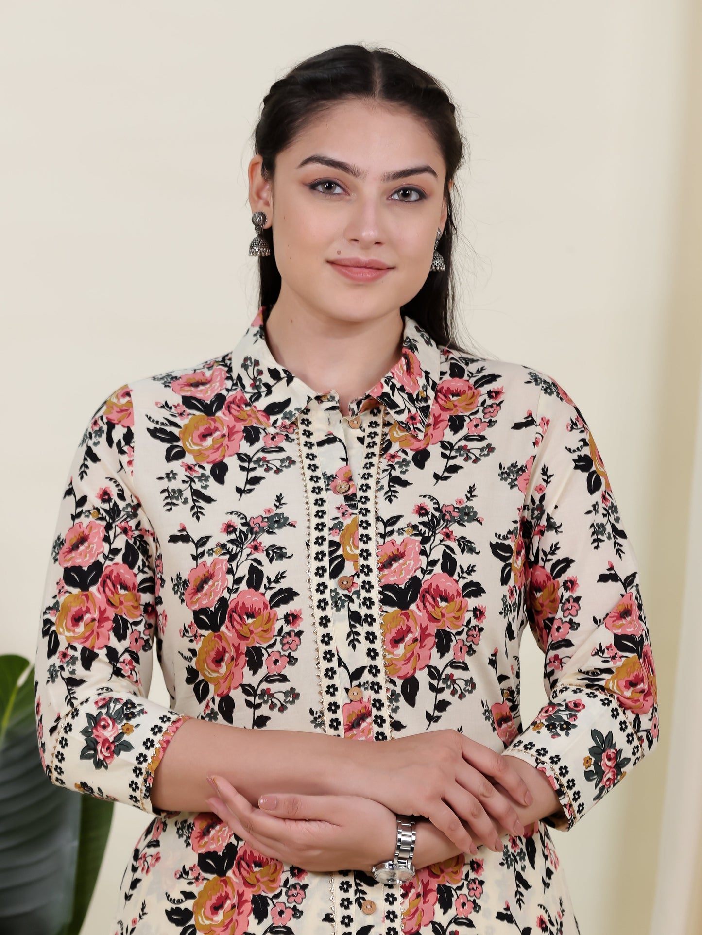Soft Cotton Floral High Low Beige Kurta