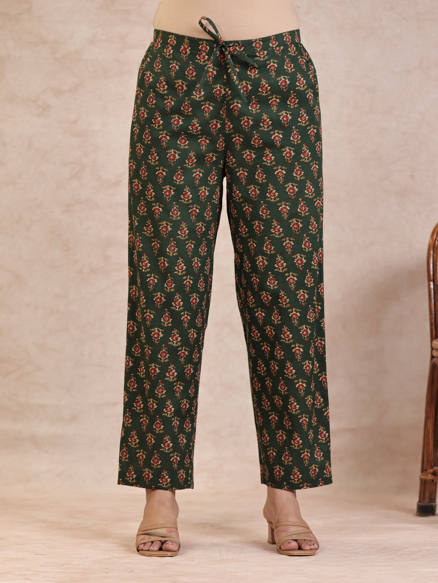 Soft Cotton Floral Green Straight Trousers