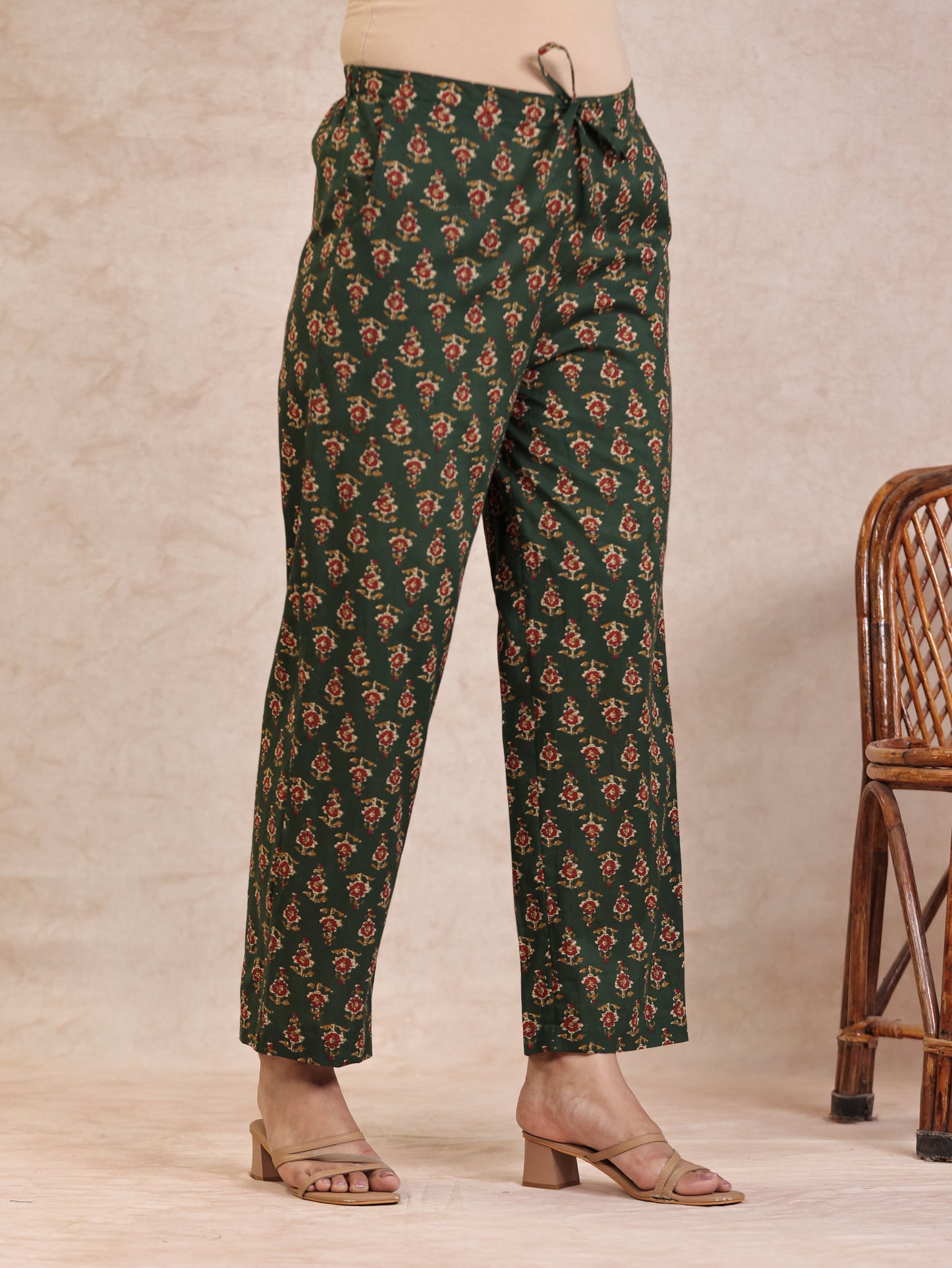 Soft Cotton Floral Green Straight Trousers