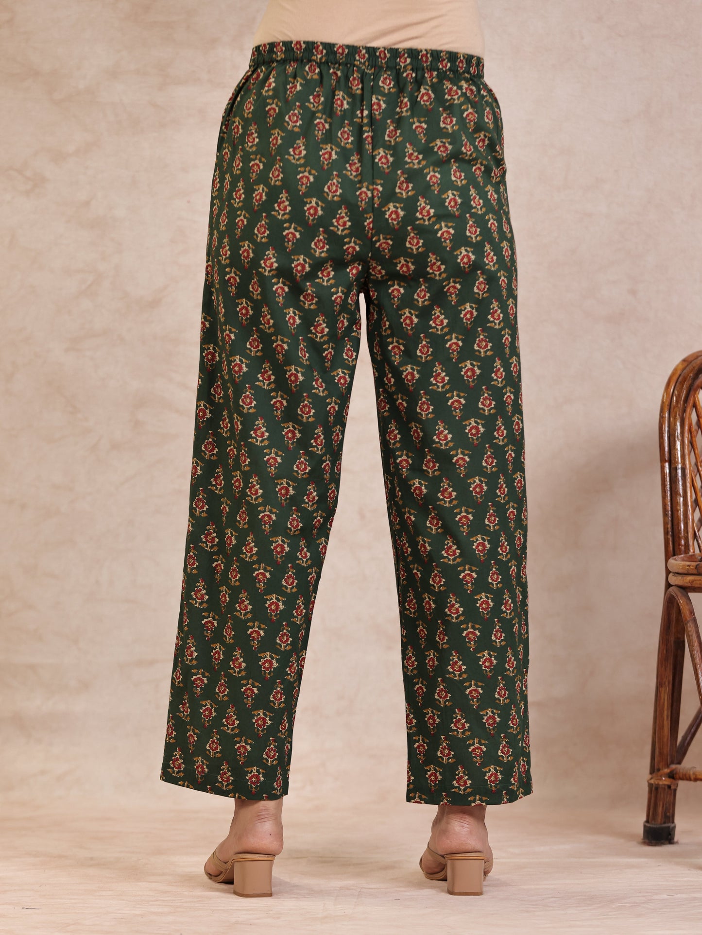 Soft Cotton Floral Green Straight Trousers