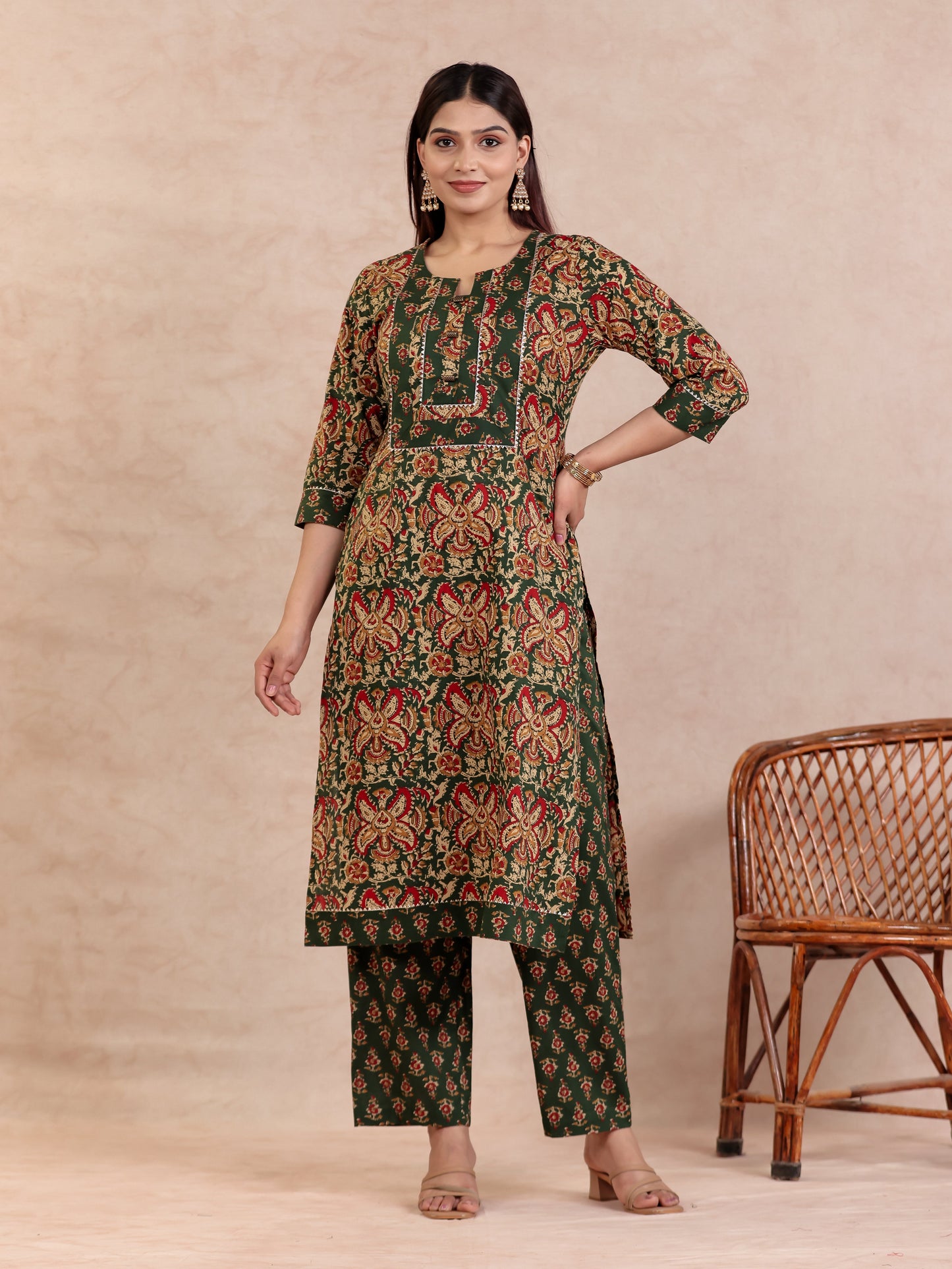 Soft Cotton Floral Straight Green Kurta