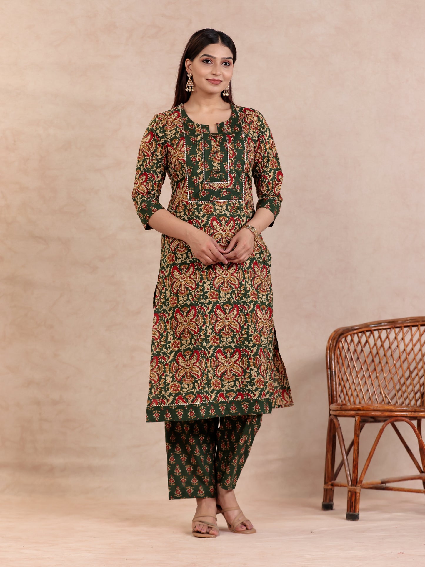 Soft Cotton Floral Straight Green Kurta