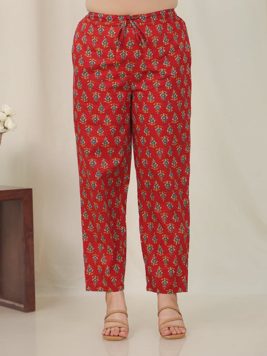 Soft Cotton Floral Red Tapered Tapered Trousers