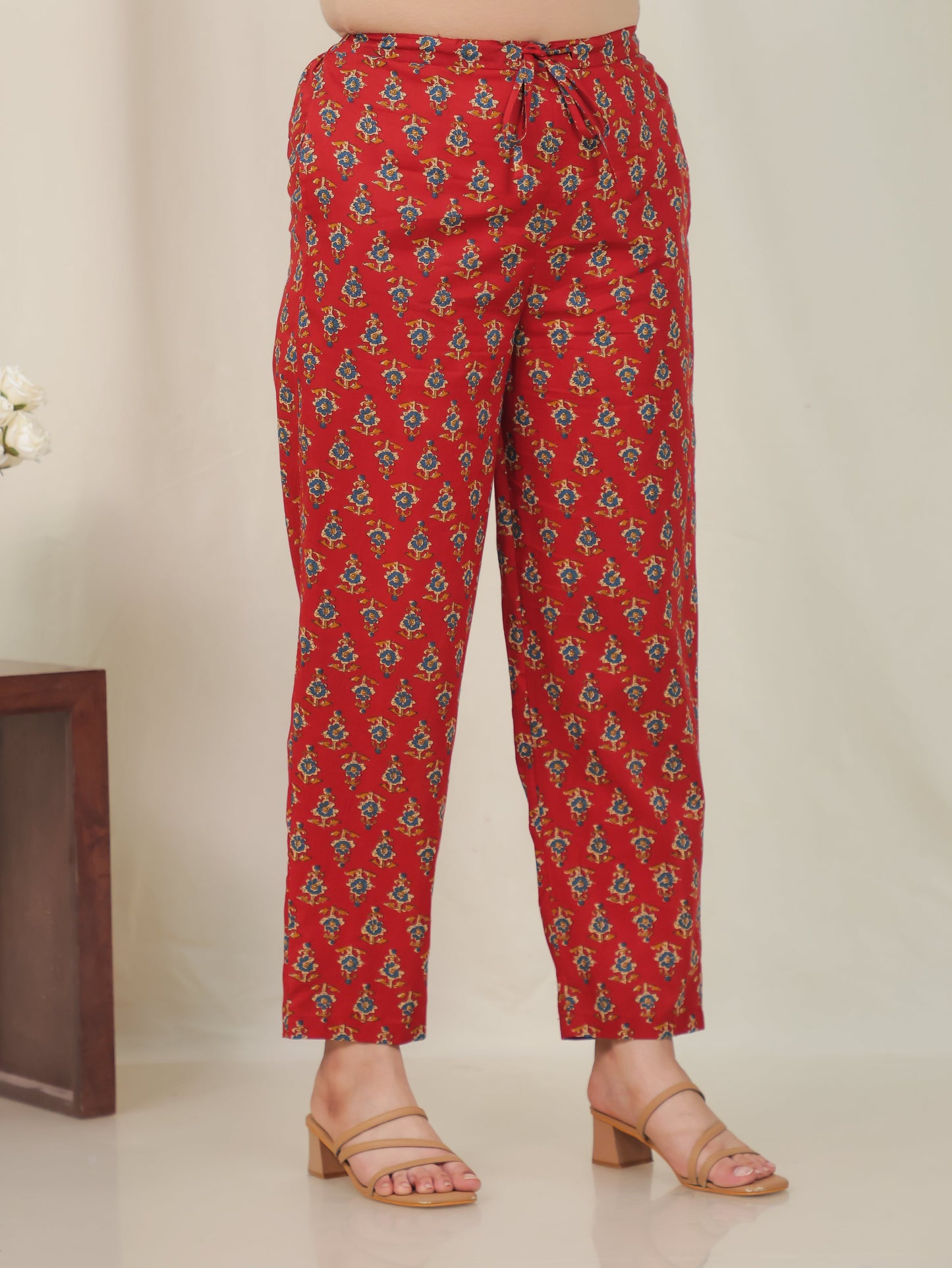 Soft Cotton Floral Red Tapered Tapered Trousers
