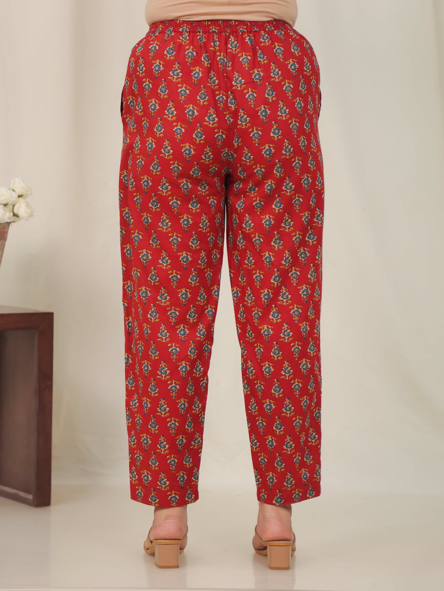 Soft Cotton Floral Red Tapered Tapered Trousers