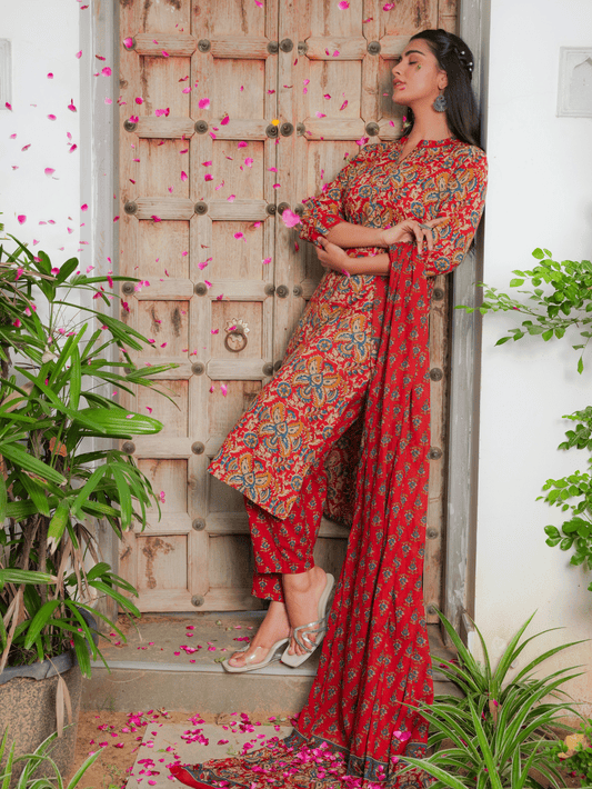 Cotton Voile Floral Red Dupatta