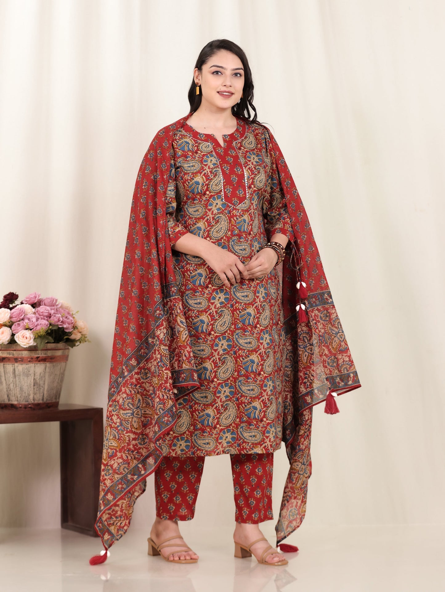 Cotton Voile Floral Red Dupatta
