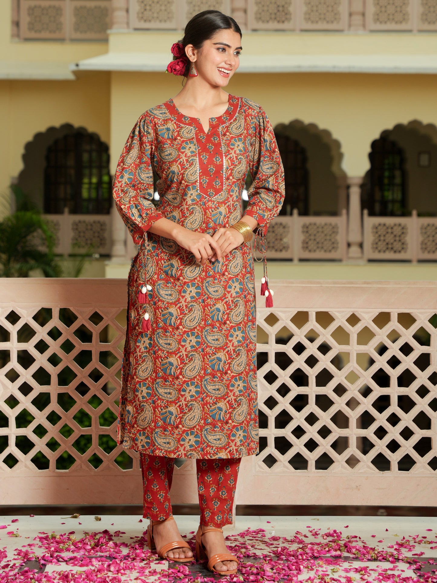 Soft Cotton Floral Straight Red Kurta