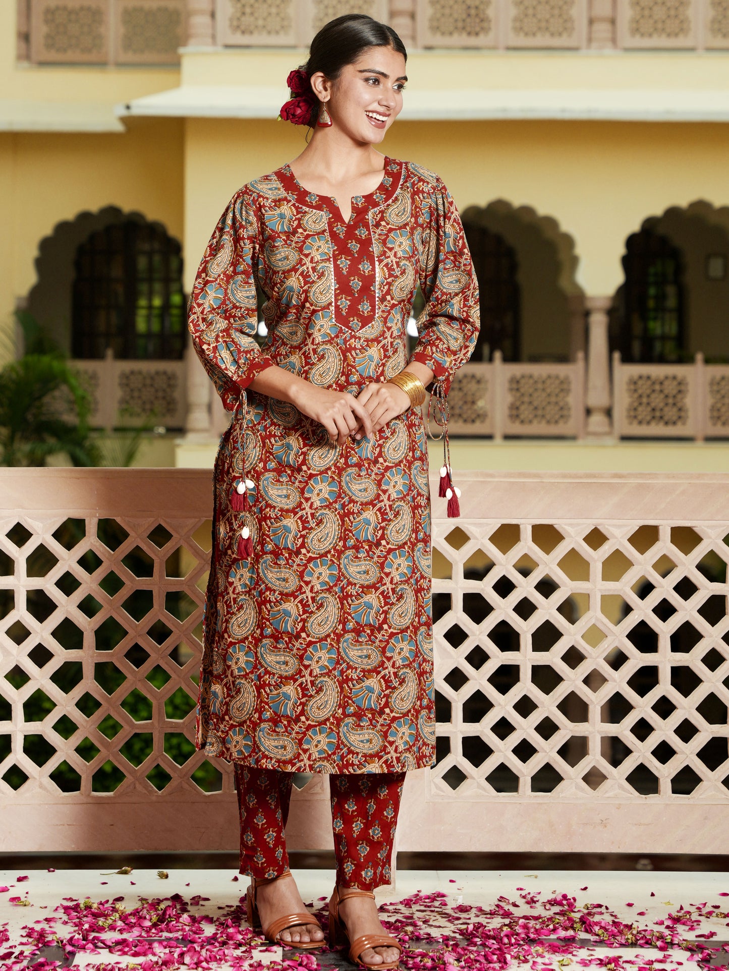 Soft Cotton Floral Straight Red Kurta